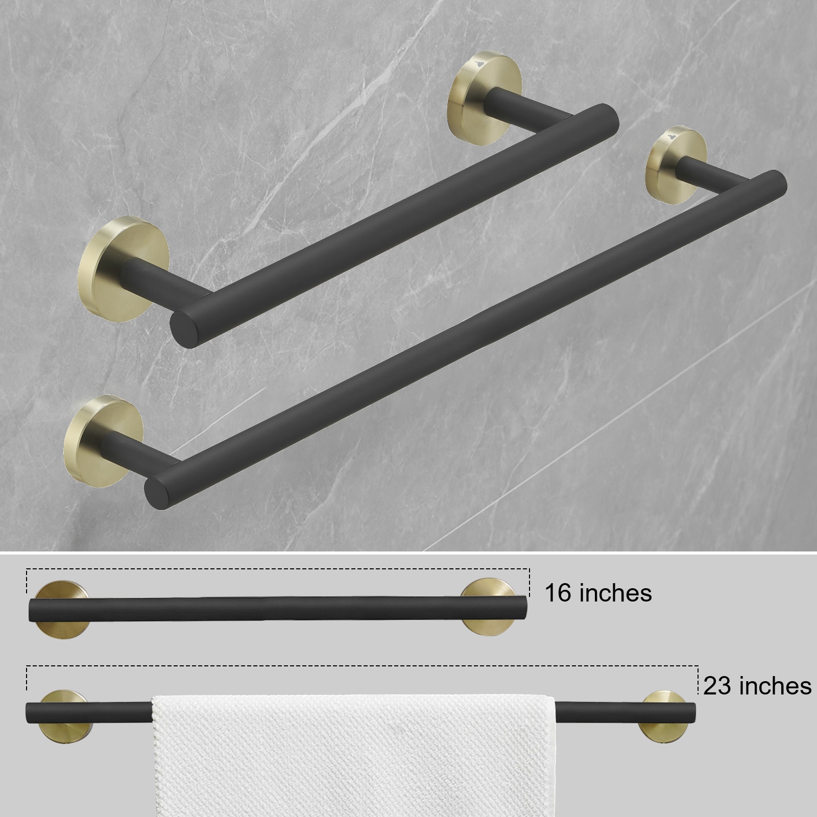 Juego de accesorios de baño decorativos en negro y dorado de 6 piezas - Barra de toallas, Porta rollos de papel higiénico, Aro de toalla, Gancho para batas incluidos A-91020-6-GBK