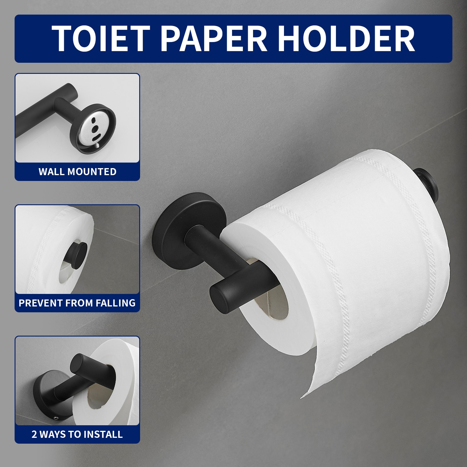 Juego de Accesorios para Baño en Negro Mate de 4 Piezas - Barra de Toalla, Porta Papel Higiénico, Gancho de Bata incluidos A-91062-B-4