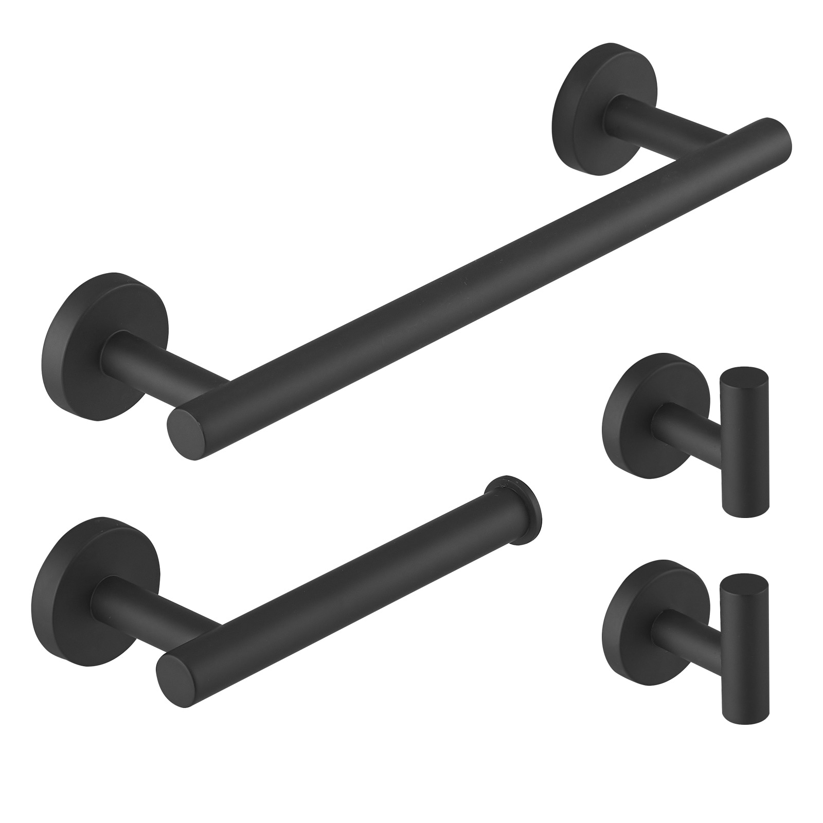 Juego de Accesorios para Baño en Negro Mate de 4 Piezas - Barra de Toalla, Porta Papel Higiénico, Gancho de Bata incluidos A-91062-B-4