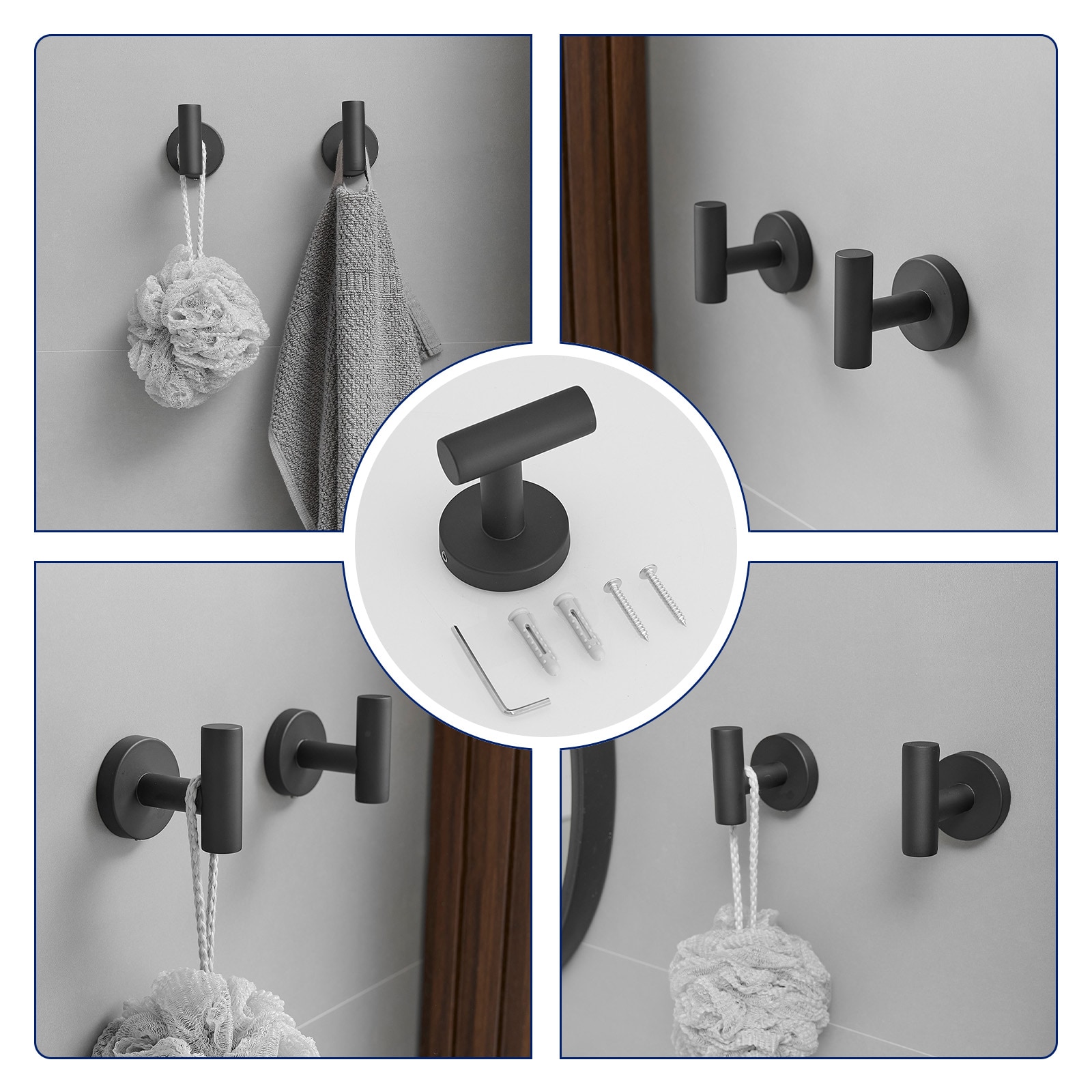 Juego de Accesorios para Baño en Negro Mate de 4 Piezas - Barra de Toalla, Porta Papel Higiénico, Gancho de Bata incluidos A-91062-B-4