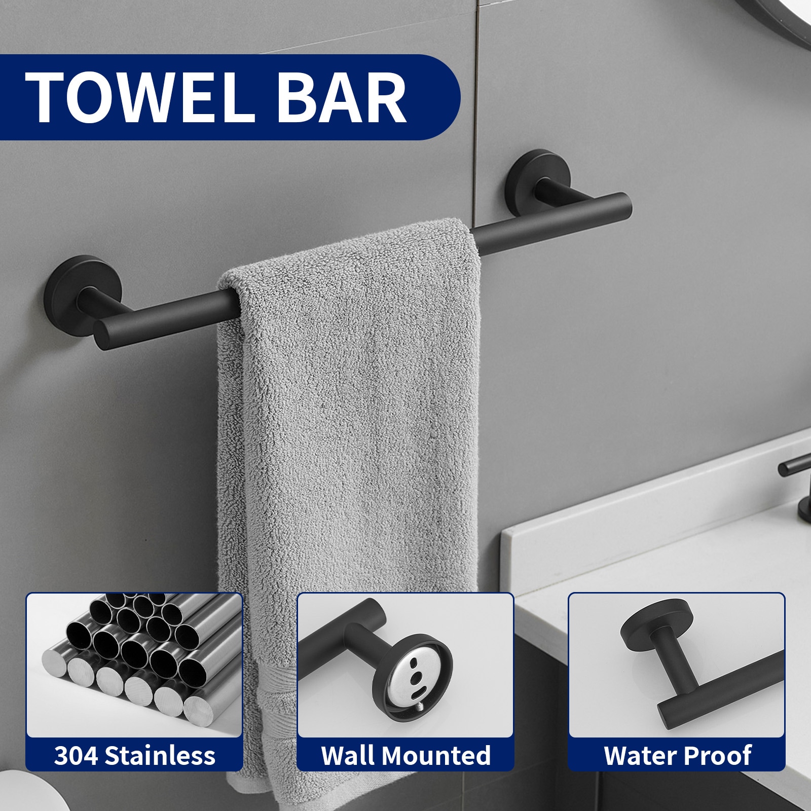 Juego de Accesorios para Baño en Negro Mate de 4 Piezas - Barra de Toalla, Porta Papel Higiénico, Gancho de Bata incluidos A-91062-B-4