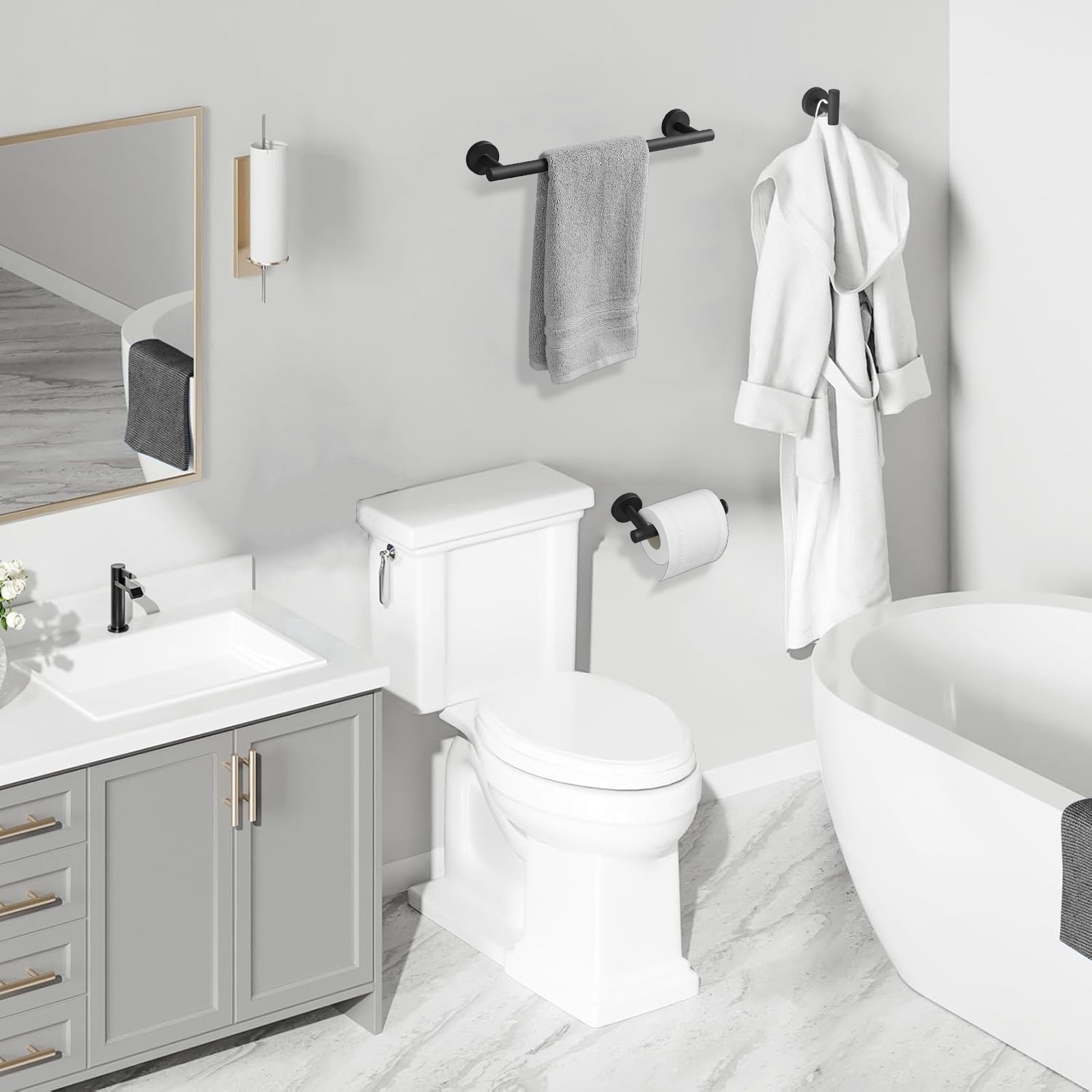 Juego de Accesorios para Baño en Negro Mate de 4 Piezas - Barra de Toalla, Porta Papel Higiénico, Gancho de Bata incluidos A-91062-B-4