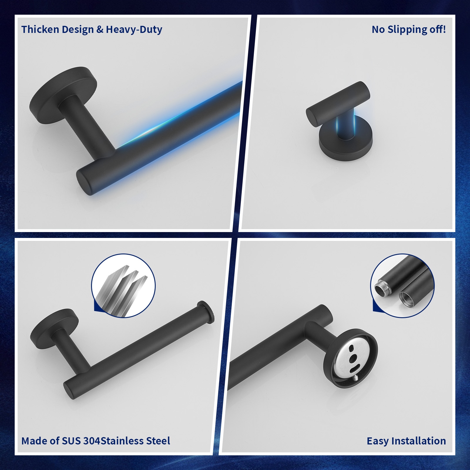 Juego de Accesorios para Baño en Negro Mate de 4 Piezas - Barra de Toalla, Porta Papel Higiénico, Gancho de Bata incluidos A-91062-B-4
