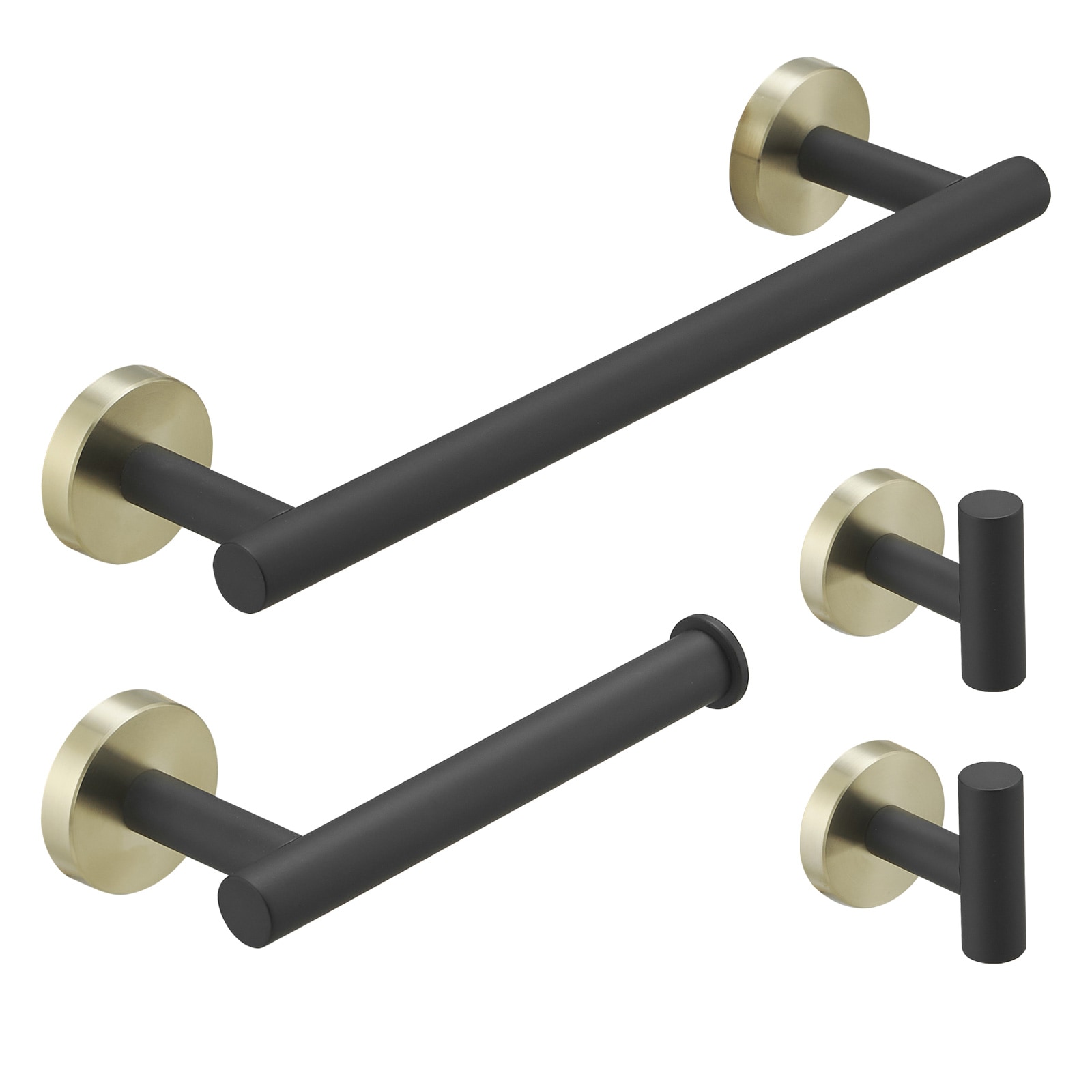 Juego de accesorios de baño decorativos en negro y dorado de 4 piezas - Incluye barra de toallas, porta papel higiénico y gancho para batas A-91062-GBK-4