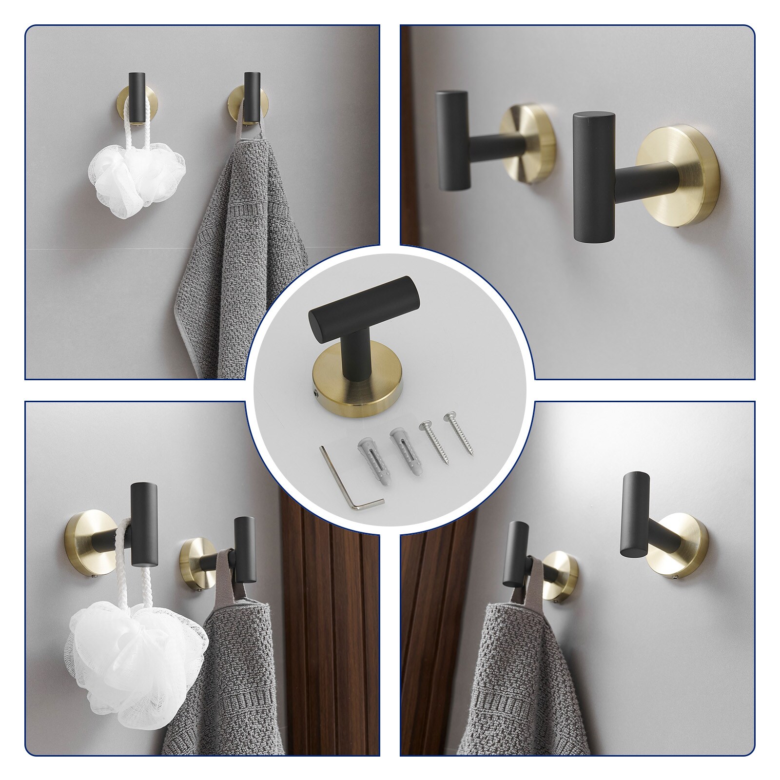 Juego de accesorios de baño decorativos en negro y dorado de 4 piezas - Incluye barra de toallas, porta papel higiénico y gancho para batas A-91062-GBK-4