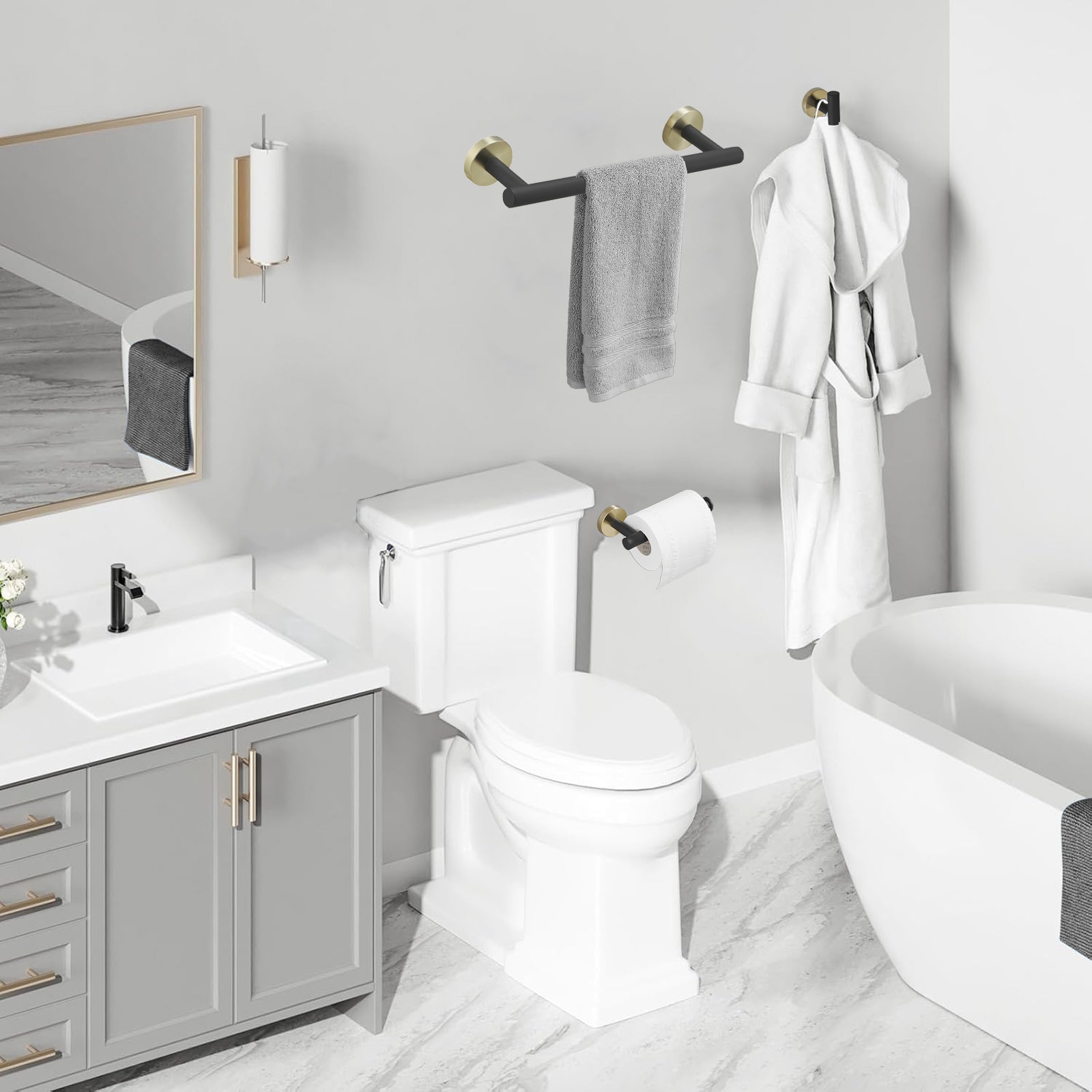 Juego de accesorios de baño decorativos en negro y dorado de 4 piezas - Incluye barra de toallas, porta papel higiénico y gancho para batas A-91062-GBK-4