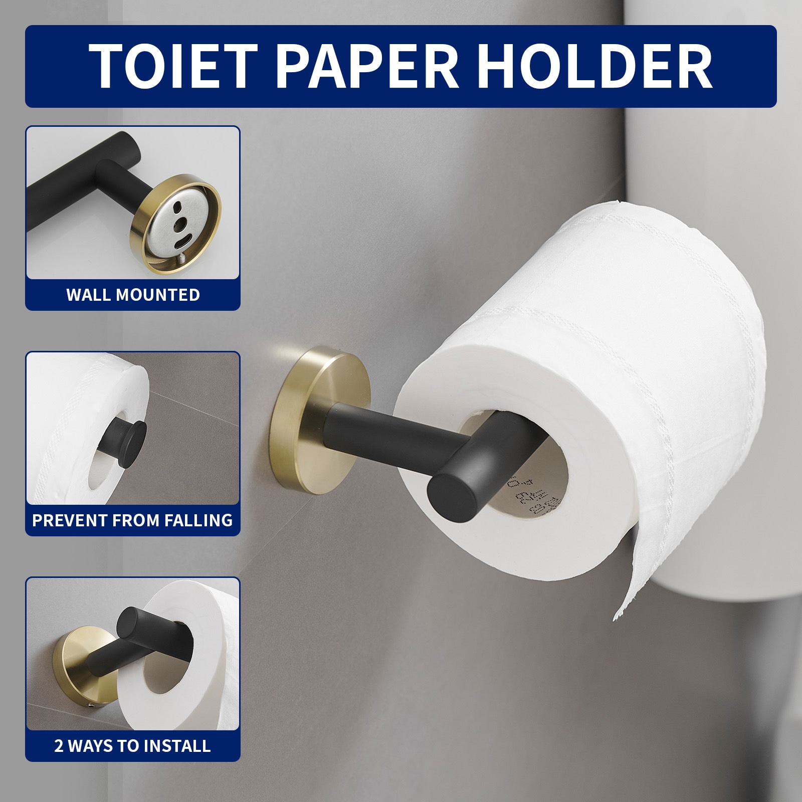 Juego de accesorios de baño decorativos en negro y dorado de 4 piezas - Incluye barra de toallas, porta papel higiénico y gancho para batas A-91062-GBK-4