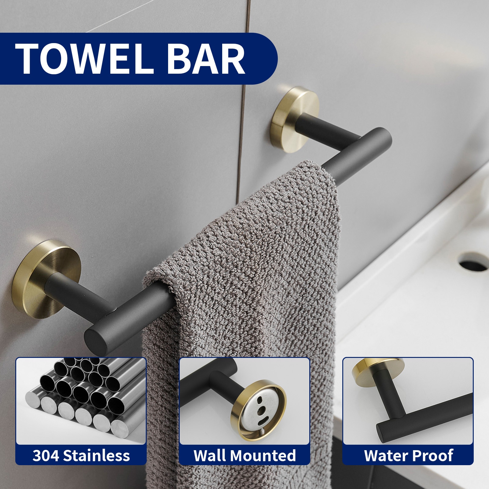 Juego de accesorios de baño decorativos en negro y dorado de 4 piezas - Incluye barra de toallas, porta papel higiénico y gancho para batas A-91062-GBK-4