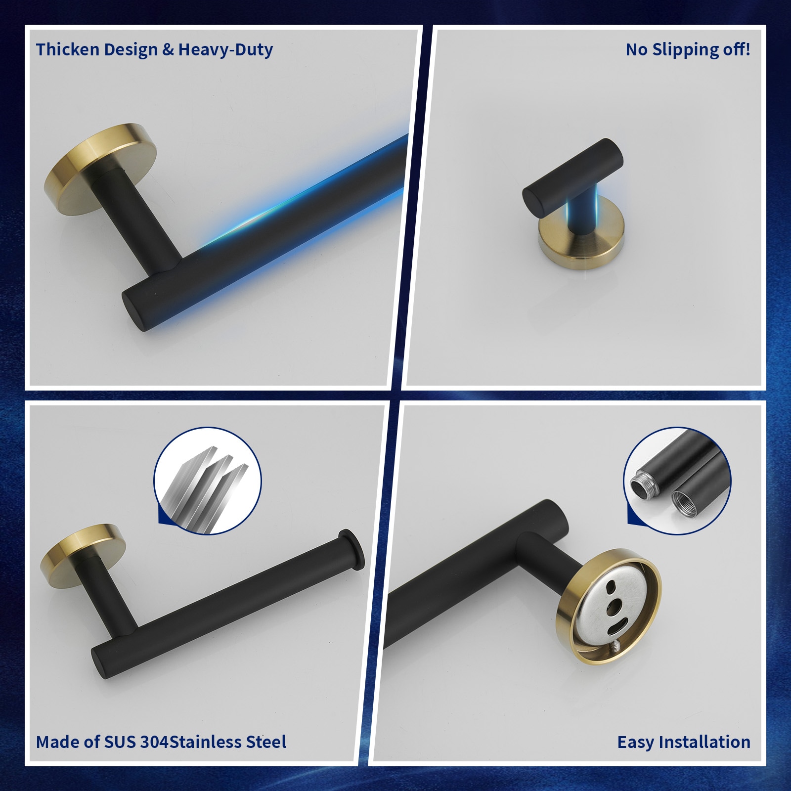 Juego de accesorios de baño decorativos en negro y dorado de 4 piezas - Incluye barra de toallas, porta papel higiénico y gancho para batas A-91062-GBK-4