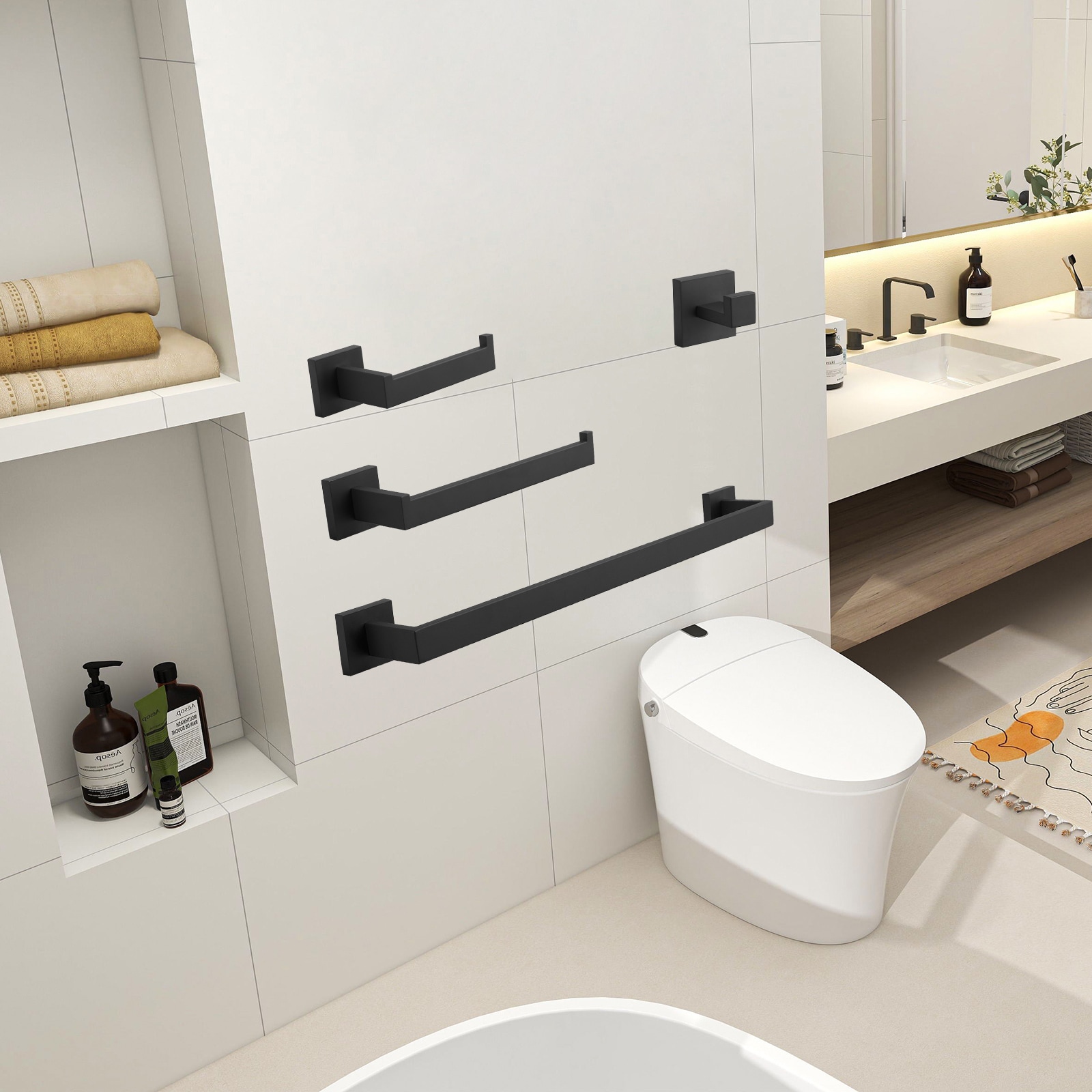 Juego de Accesorios para Baño con Acabado Negro Mate de 4 Piezas: Barra de Toallas, Porta Papel Higiénico, Gancho para Batas incluido A-91012-4-B