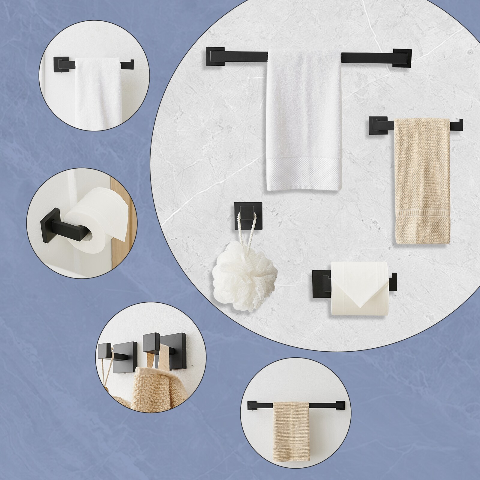 Juego de Accesorios para Baño con Acabado Negro Mate de 4 Piezas: Barra de Toallas, Porta Papel Higiénico, Gancho para Batas incluido A-91012-4-B