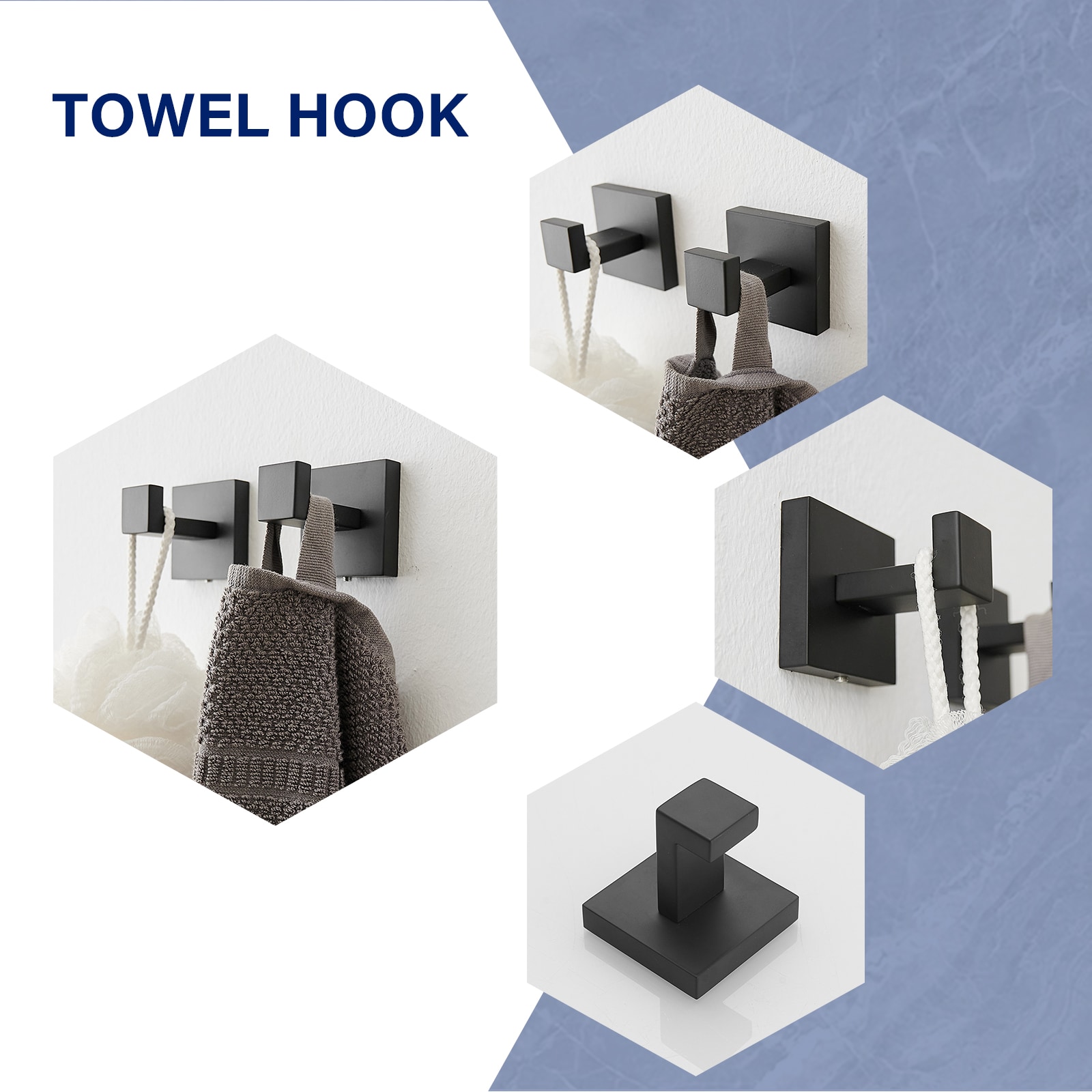 Juego de Accesorios para Baño con Acabado Negro Mate de 4 Piezas: Barra de Toallas, Porta Papel Higiénico, Gancho para Batas incluido A-91012-4-B