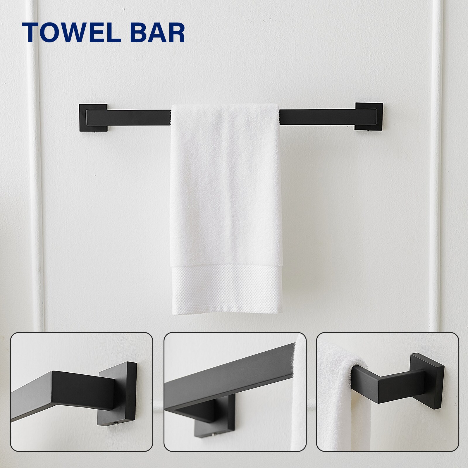 Juego de Accesorios para Baño con Acabado Negro Mate de 4 Piezas: Barra de Toallas, Porta Papel Higiénico, Gancho para Batas incluido A-91012-4-B