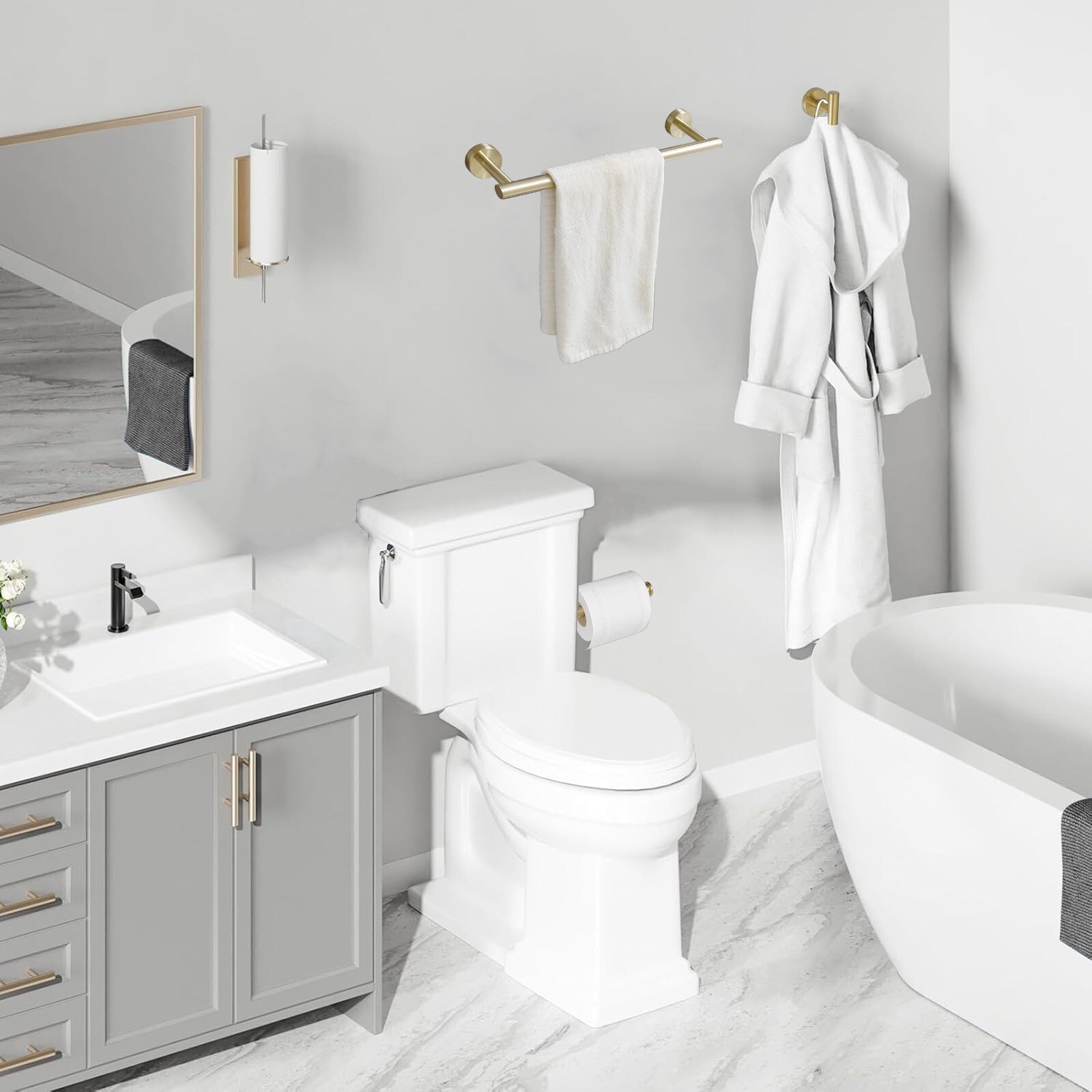 Juego de hardware de baño decorativo en oro cepillado de 4 piezas: Barra de toalla, portarrollos de papel higiénico y gancho para batas incluidos A-91062-BG-4