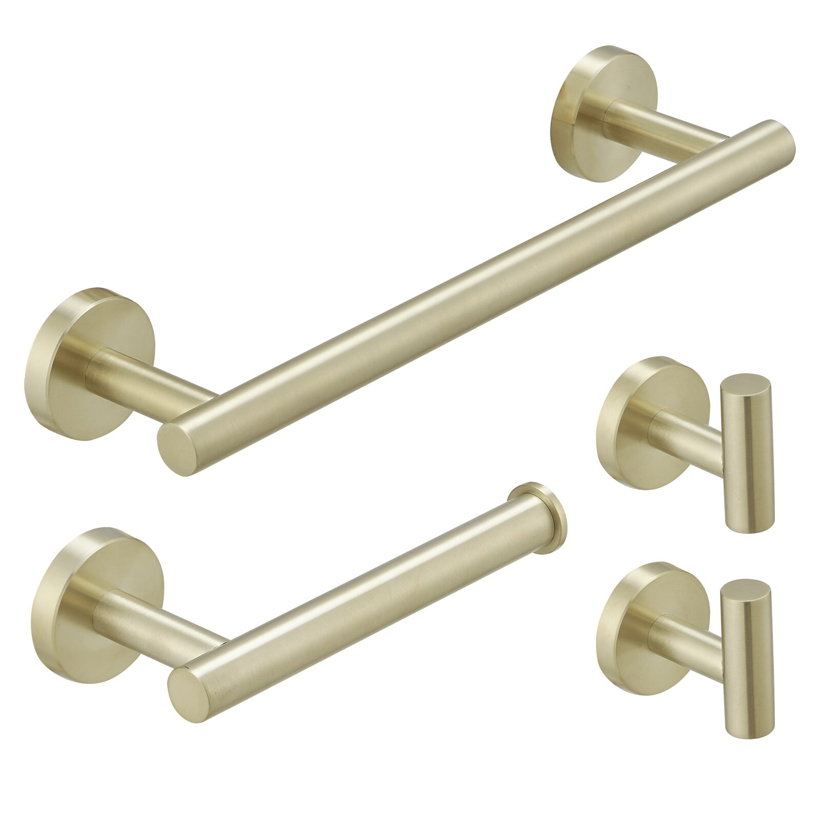 Juego de hardware de baño decorativo en oro cepillado de 4 piezas: Barra de toalla, portarrollos de papel higiénico y gancho para batas incluidos A-91062-BG-4