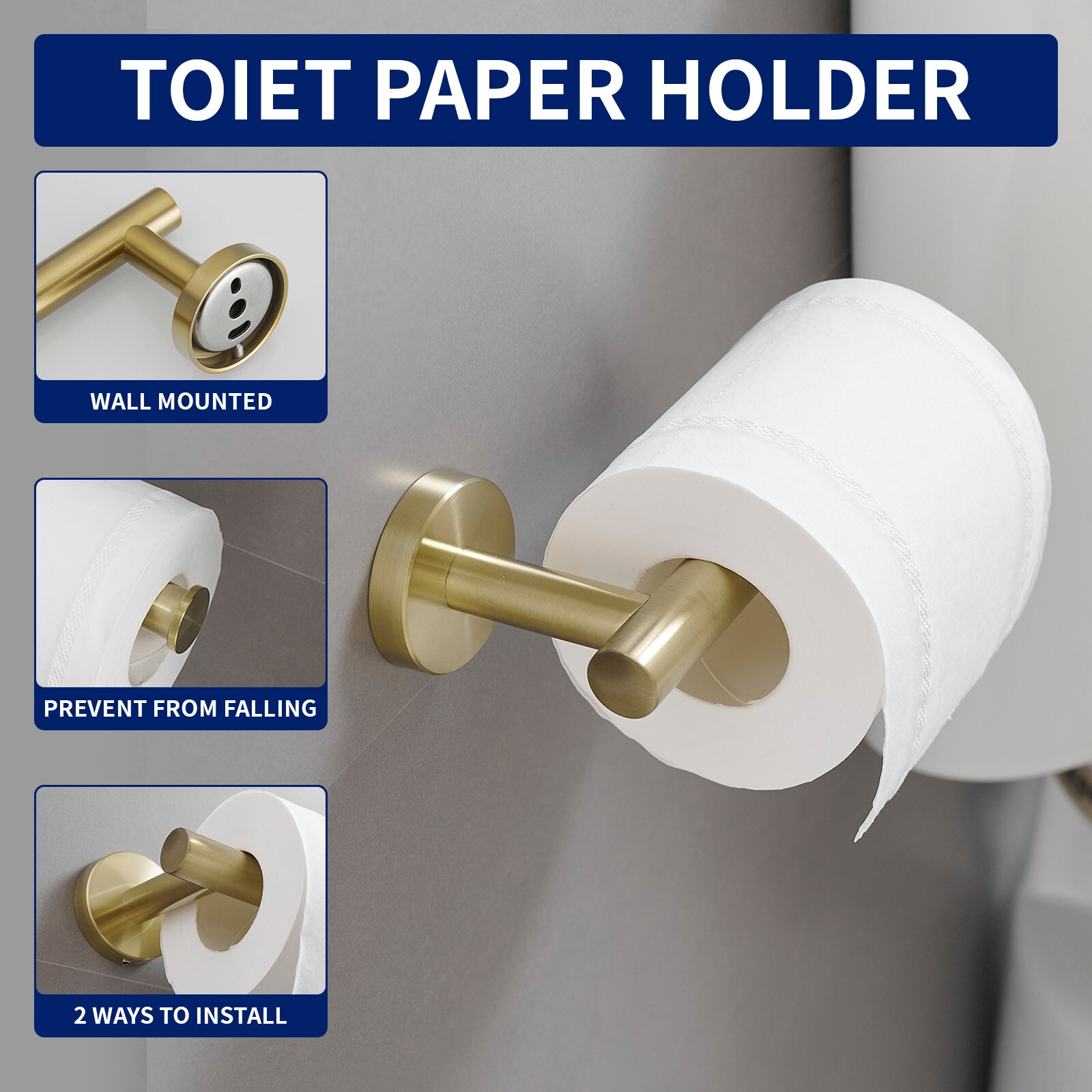 Juego de hardware de baño decorativo en oro cepillado de 4 piezas: Barra de toalla, portarrollos de papel higiénico y gancho para batas incluidos A-91062-BG-4