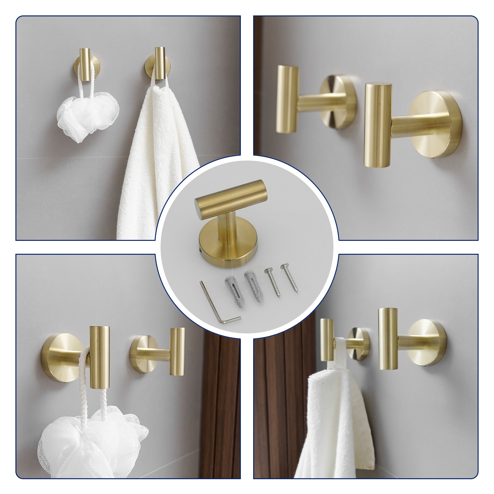 Juego de hardware de baño decorativo en oro cepillado de 4 piezas: Barra de toalla, portarrollos de papel higiénico y gancho para batas incluidos A-91062-BG-4