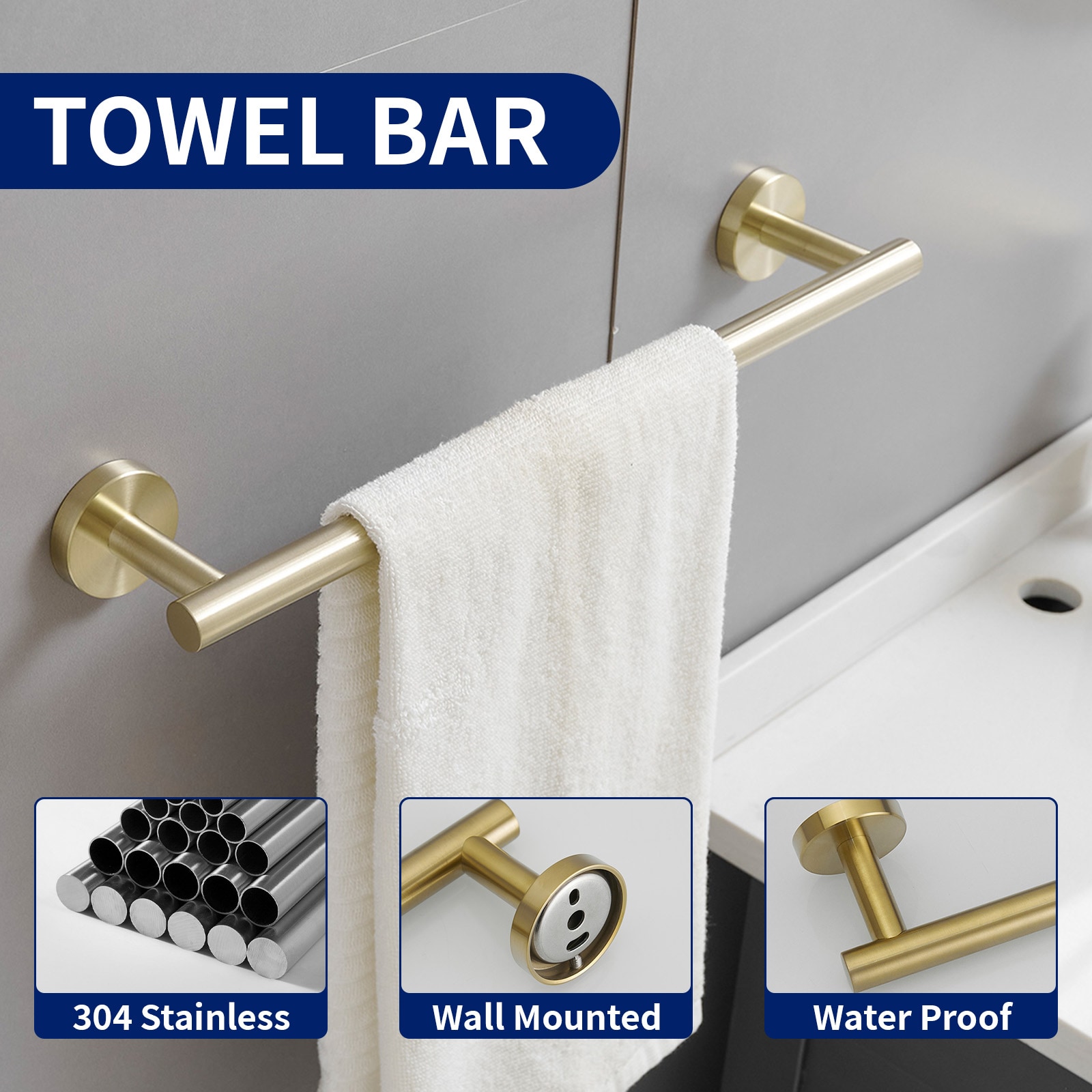 Juego de hardware de baño decorativo en oro cepillado de 4 piezas: Barra de toalla, portarrollos de papel higiénico y gancho para batas incluidos A-91062-BG-4