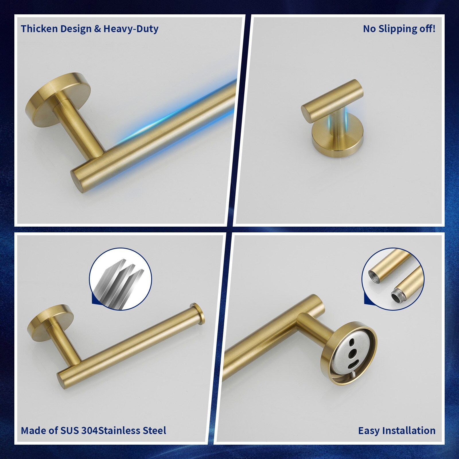 Juego de hardware de baño decorativo en oro cepillado de 4 piezas: Barra de toalla, portarrollos de papel higiénico y gancho para batas incluidos A-91062-BG-4