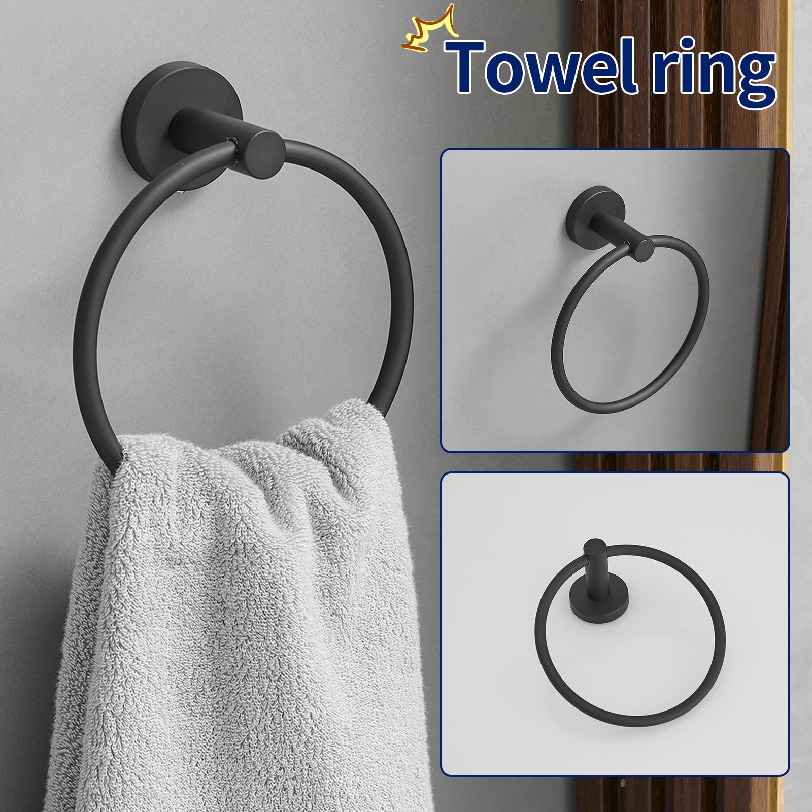 Juego de Accesorios de Baño Decorativos en Negro Mate de 4 Piezas Incluye Portarrollos de Papel, Argolla para Toalla y Gancho para Bata A-91062-B-R
