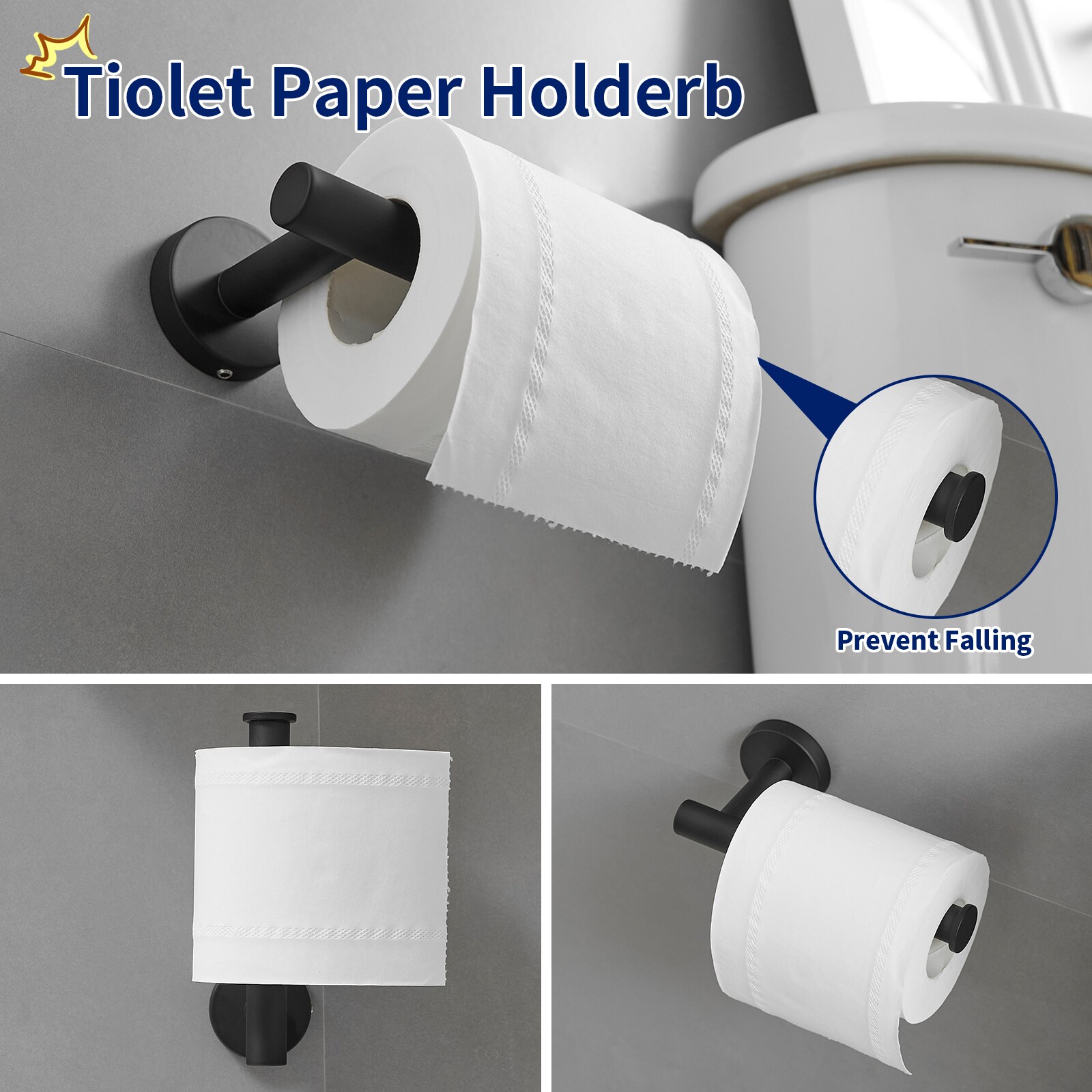 Juego de Accesorios de Baño Decorativos en Negro Mate de 4 Piezas Incluye Portarrollos de Papel, Argolla para Toalla y Gancho para Bata A-91062-B-R