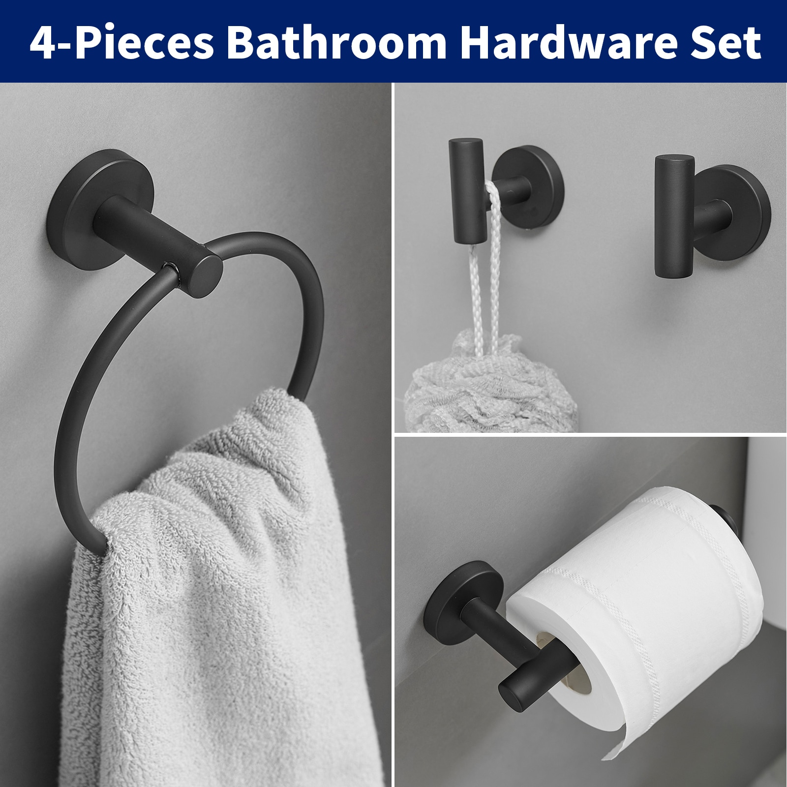 Juego de Accesorios de Baño Decorativos en Negro Mate de 4 Piezas Incluye Portarrollos de Papel, Argolla para Toalla y Gancho para Bata A-91062-B-R