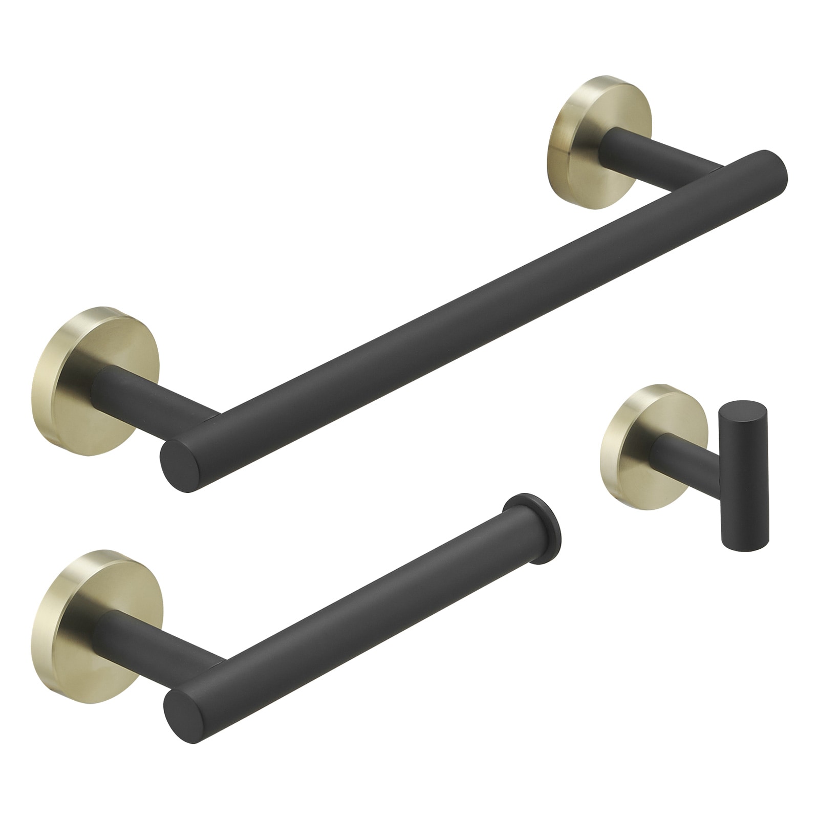 Juego de Accesorios de Baño Decorativos Negro y Dorado de 3 Piezas - Barra de Toallas, Porta Papel Higiénico y Gancho para Batas Incluidos A-91062-GBK-3