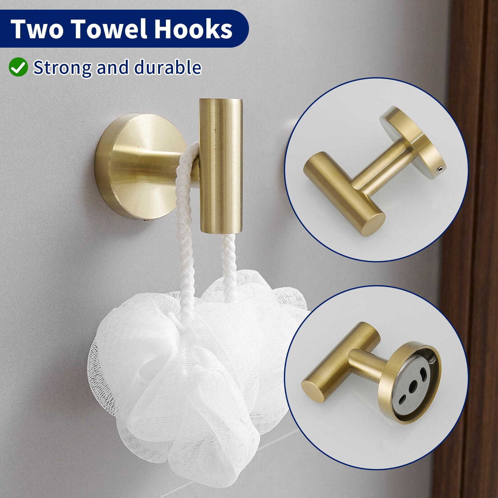 Juego de Accesorios de Baño Decorativos en Color Oro Cepillado de 4 Piezas - Incluye Porta Papel Higiénico, Argolla para Toalla y Gancho para Batas