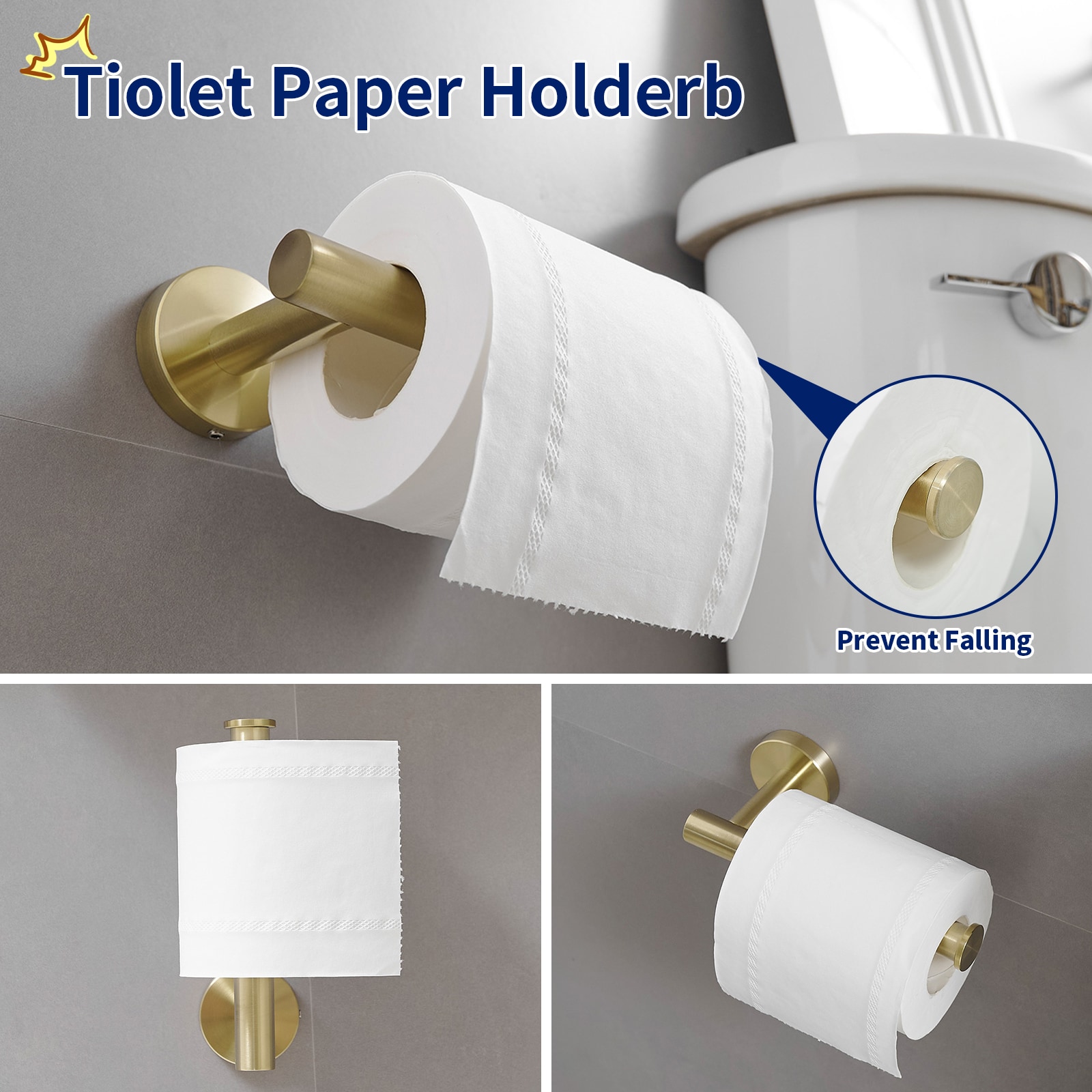 Juego de Accesorios de Baño Decorativos en Color Oro Cepillado de 4 Piezas - Incluye Porta Papel Higiénico, Argolla para Toalla y Gancho para Batas