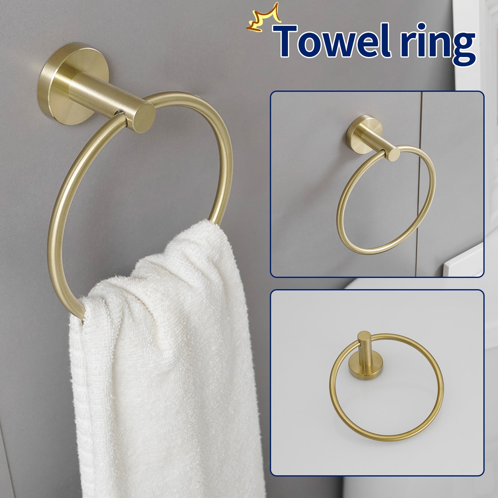 Juego de Accesorios de Baño Decorativos en Color Oro Cepillado de 4 Piezas - Incluye Porta Papel Higiénico, Argolla para Toalla y Gancho para Batas