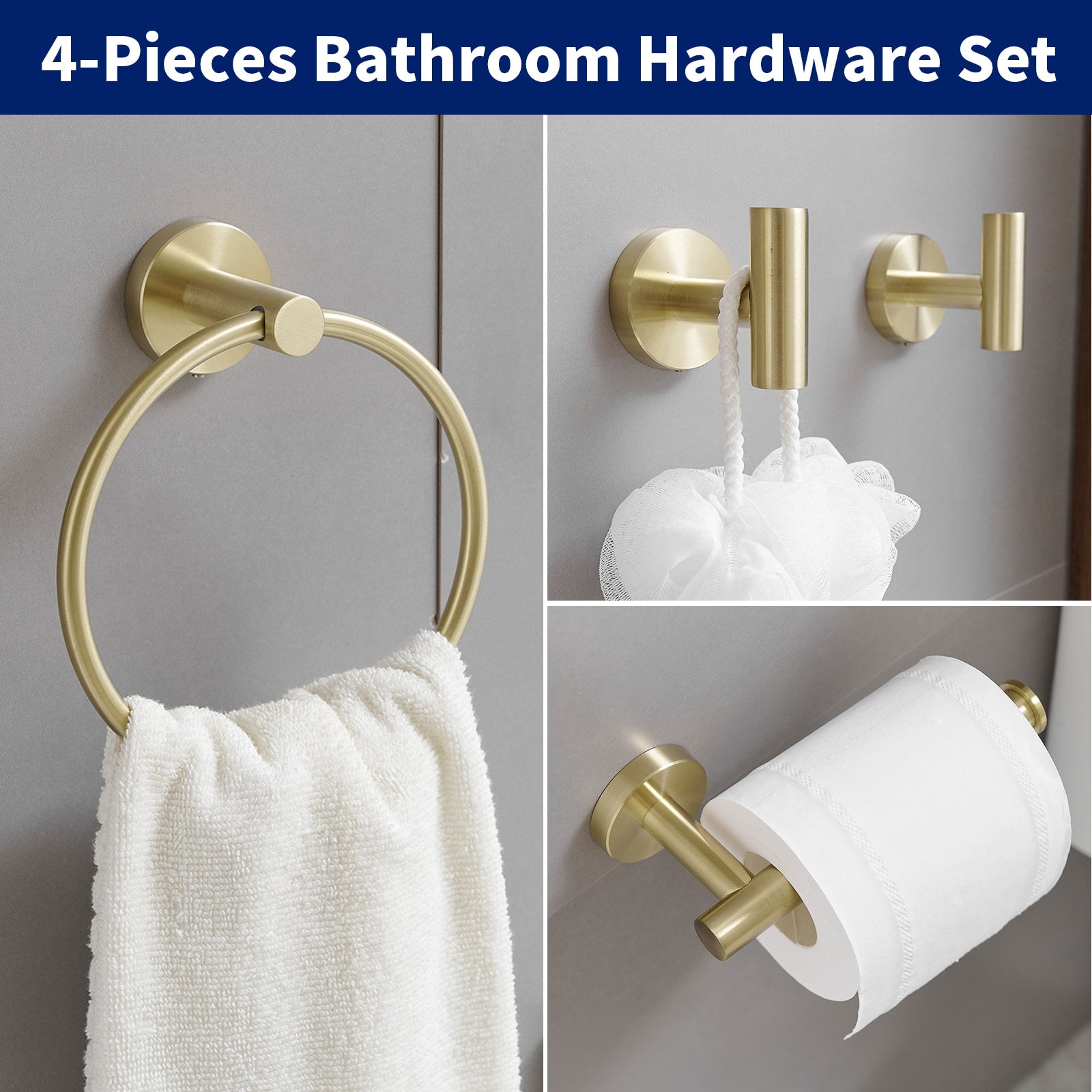 Juego de Accesorios de Baño Decorativos en Color Oro Cepillado de 4 Piezas - Incluye Porta Papel Higiénico, Argolla para Toalla y Gancho para Batas