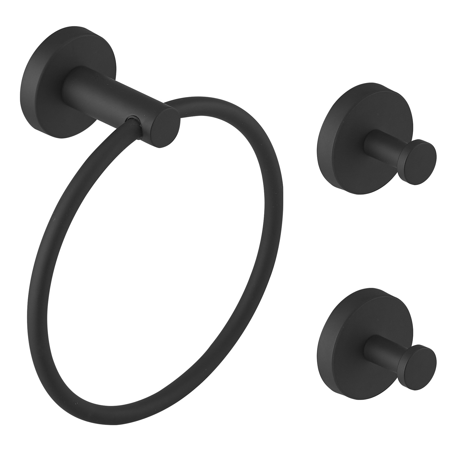 Set de accesorios para baño en negro mate de 3 piezas, incluye anillo para toallas y gancho para batas.