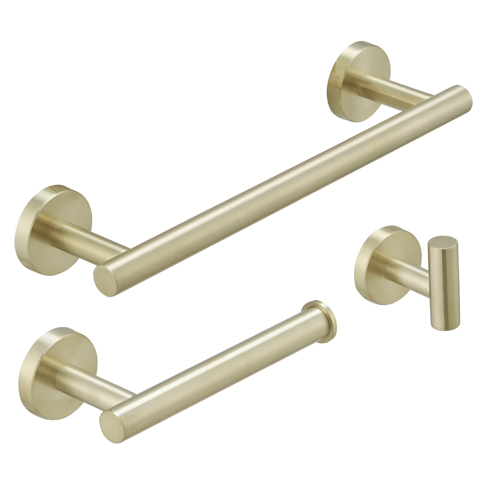 Juego de accesorios de baño decorativos en acabado dorado cepillado de 3 piezas: Barra de toalla, portarrollos de papel higiénico y gancho para bata incluidos A-91062-BG-3