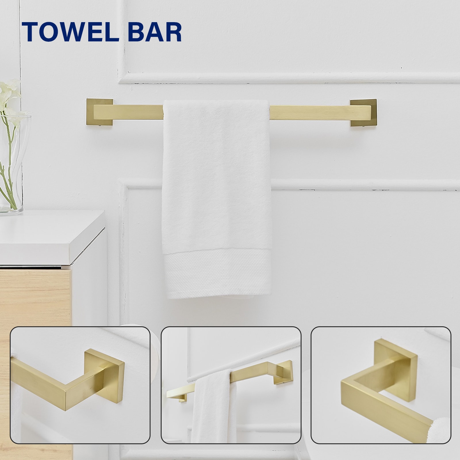 Juego de accesorios de baño decorativos en dorado cepillado de 4 piezas: Barra de toalla, portarrollos de baño y gancho para batas incluidos A-91012-4-BG