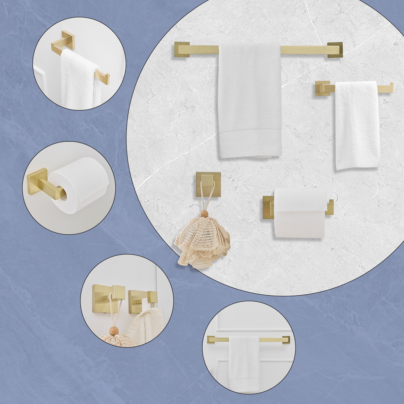 Juego de accesorios de baño decorativos en dorado cepillado de 4 piezas: Barra de toalla, portarrollos de baño y gancho para batas incluidos A-91012-4-BG