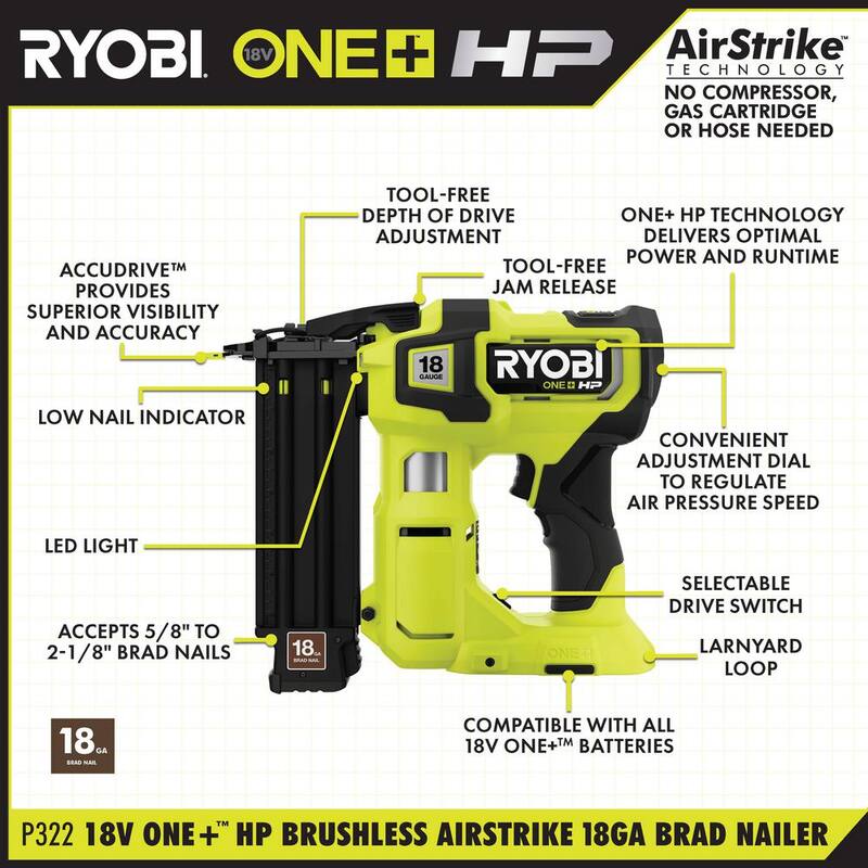 Pistola de clavos RYOBI ONE+ HP 18V calibre 18 sin escobillas inalámbrica AirStrike con batería de 2.0 Ah y cargador - P322-PSK005.