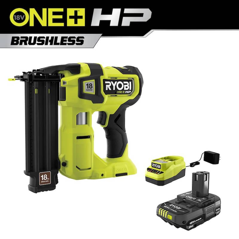 Pistola de clavos RYOBI ONE+ HP 18V calibre 18 sin escobillas inalámbrica AirStrike con batería de 2.0 Ah y cargador - P322-PSK005.