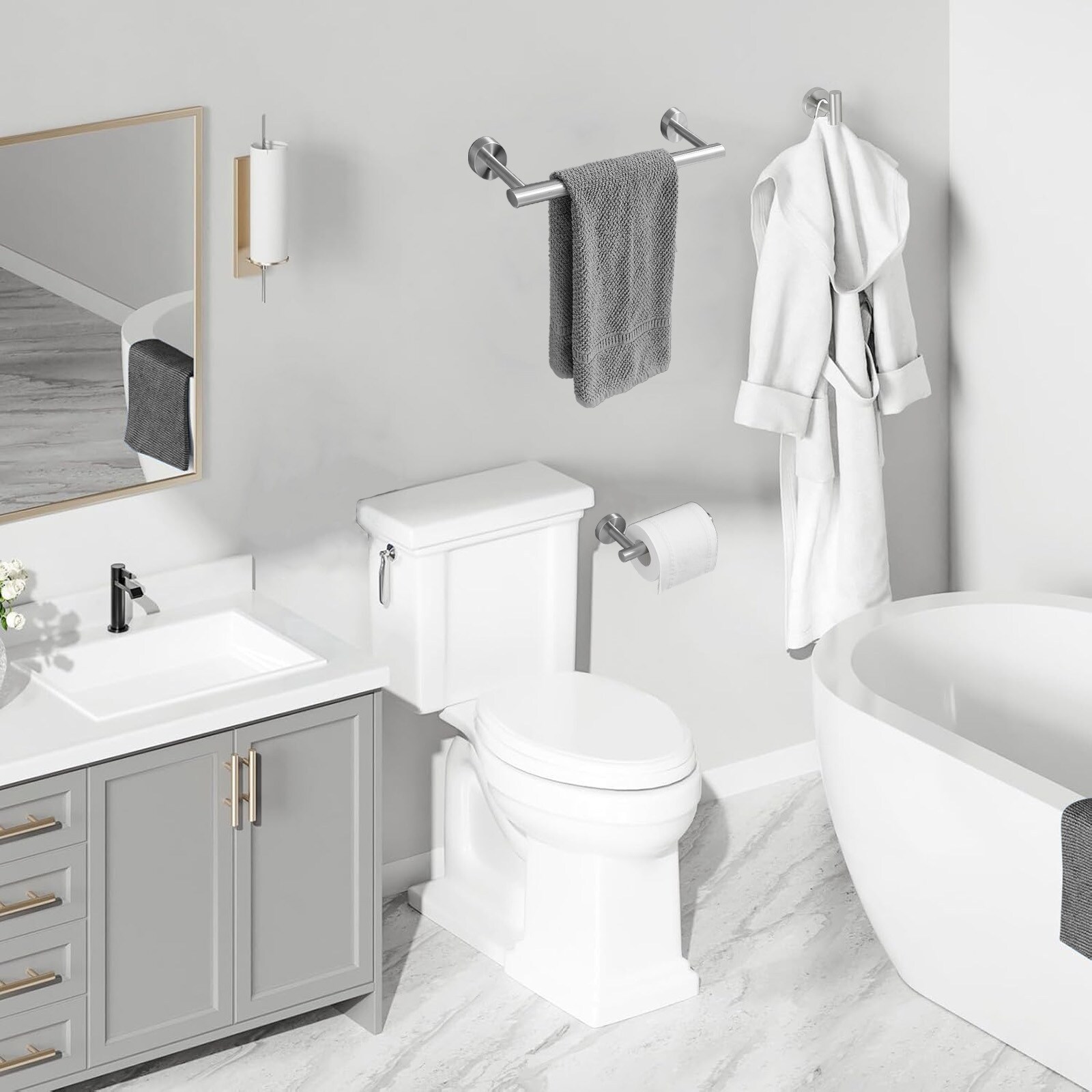 Juego de accesorios decorativos para baño de níquel cepillado de 4 piezas, incluye barra de toallas, porta papel higiénico y gancho para bata A-91062-N-4