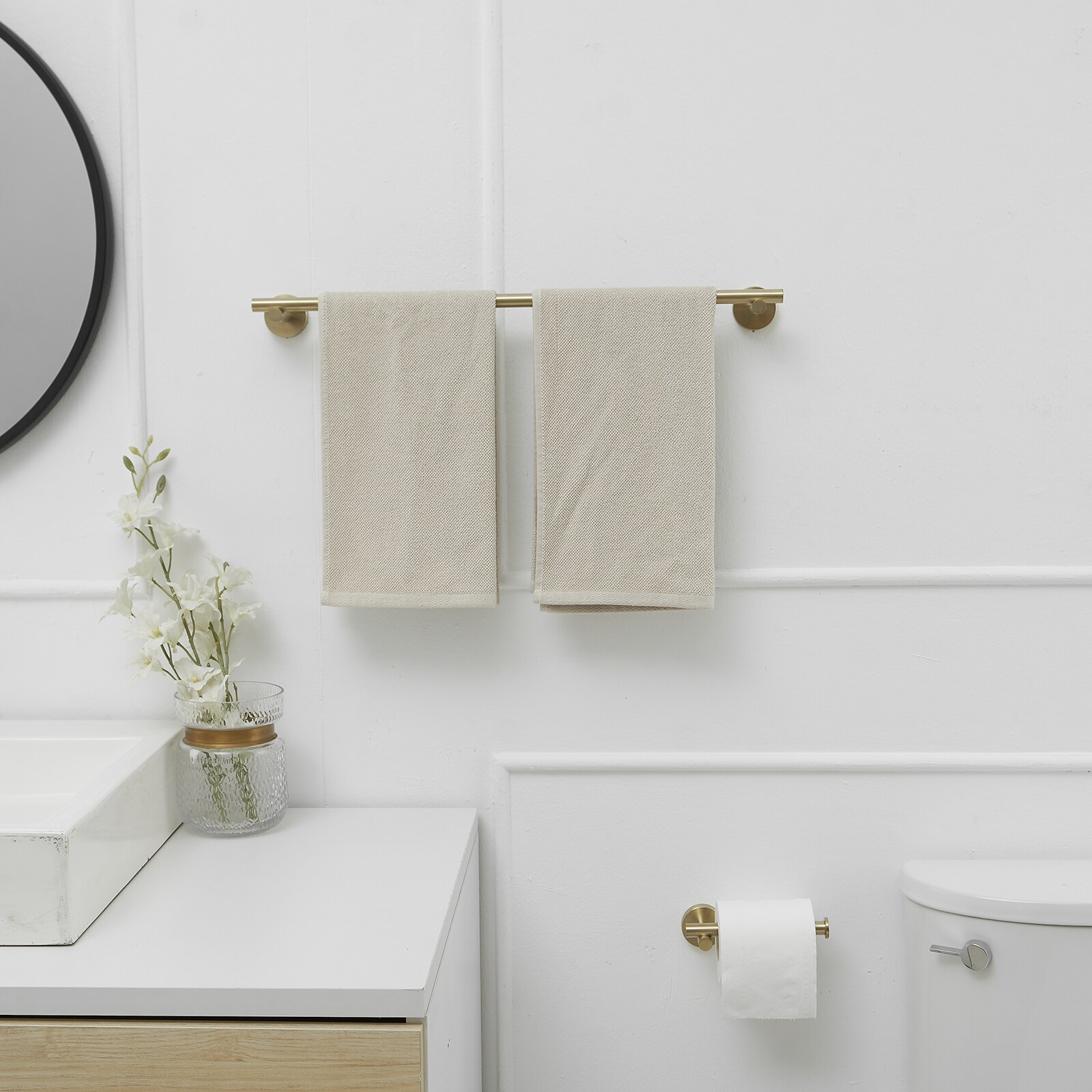 Juego de herrajes de baño decorativos en acabado dorado cepillado de 5 piezas: barra de toalla, porta papel higiénico, argolla de toalla y gancho de baño incluidos - A-91012-S-BG-NEW