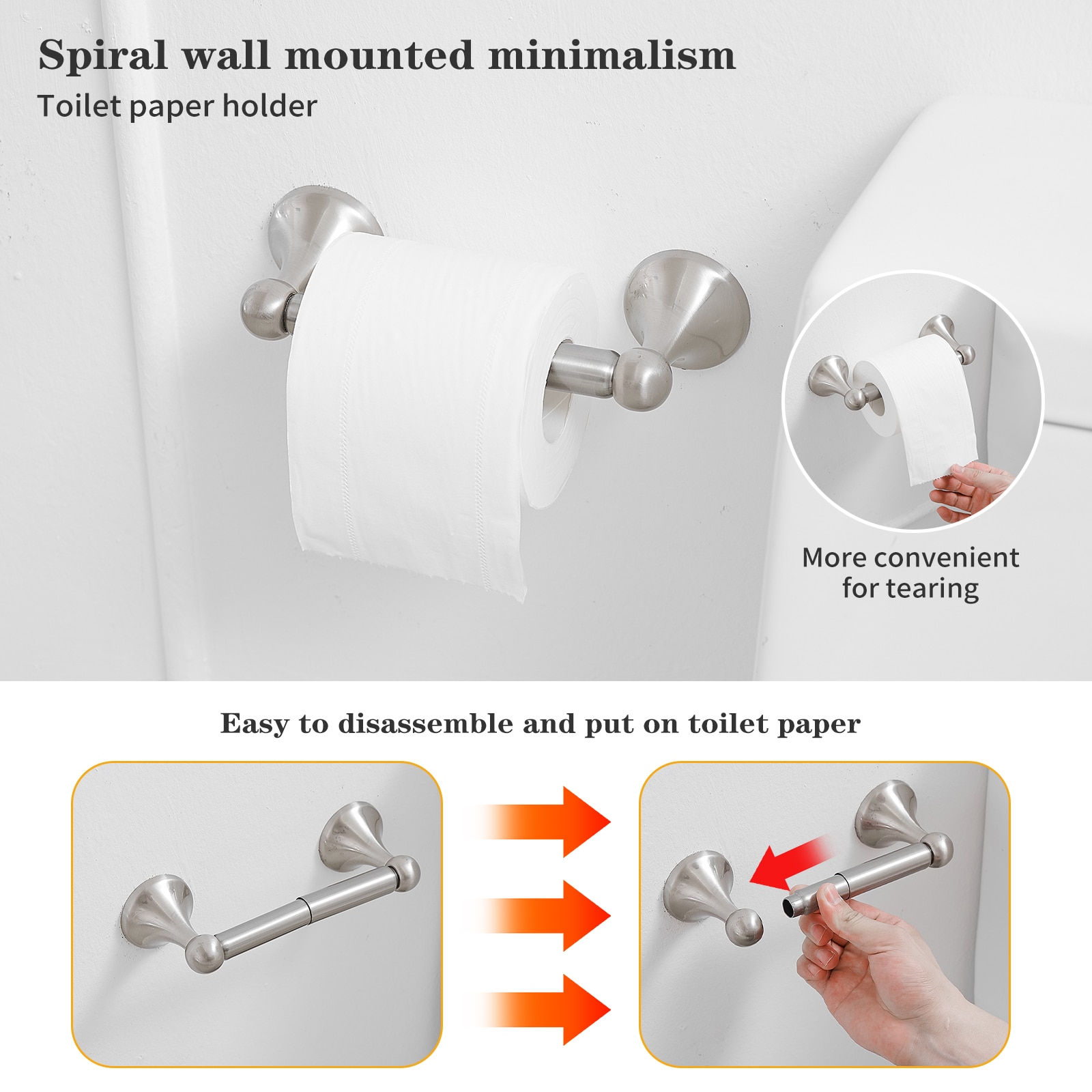Juego de Accesorios para Baño de 5 Piezas en Níquel Cepillado - Barra de Toalla, Porta Papel Higiénico, Argolla de Toalla, Gancho para Bata Incluido.