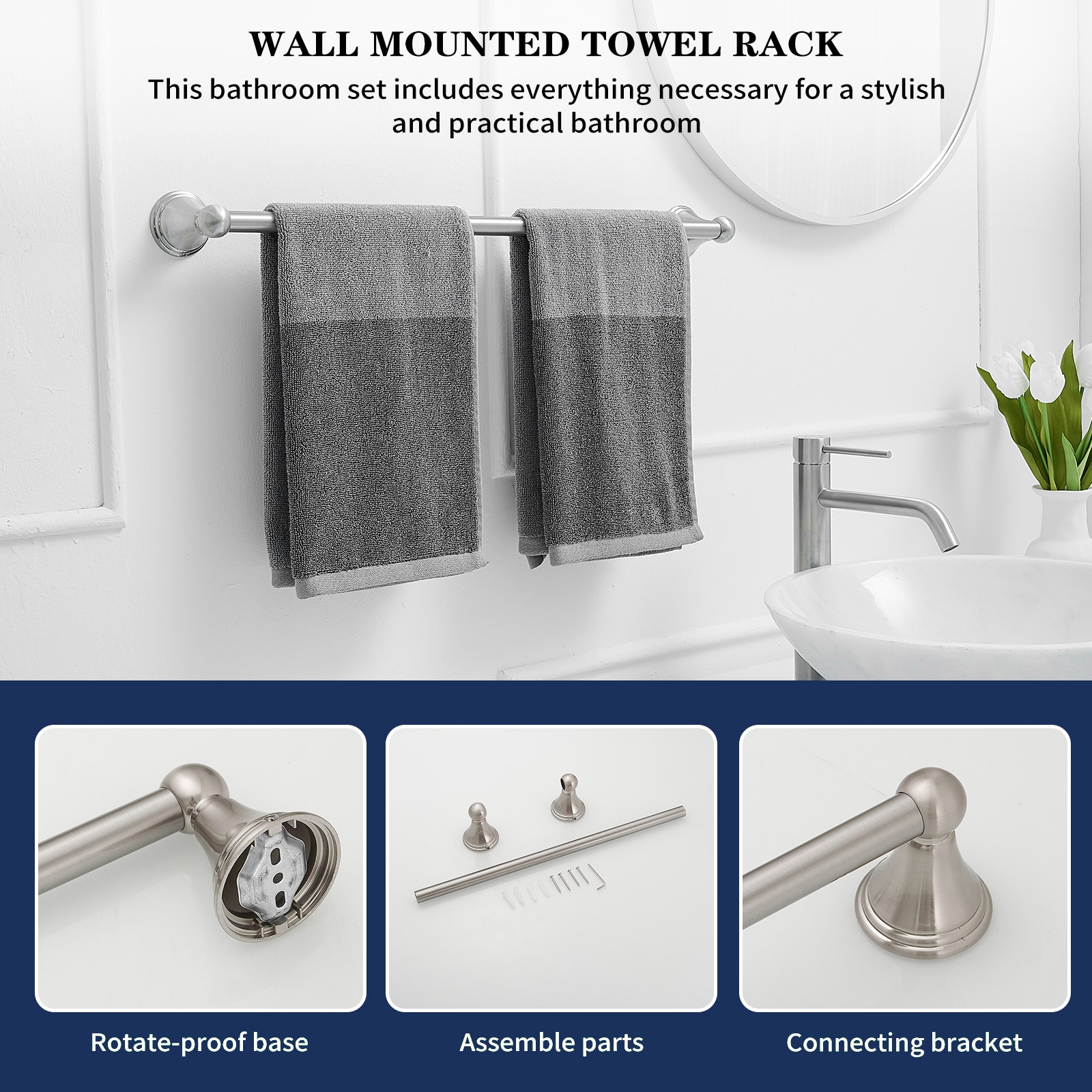 Juego de 5 piezas de herrajes decorativos para baño en níquel cepillado incluye barra de toallas, portarrollos de papel, anillo de toallas y gancho para batas TBS005-5-N.