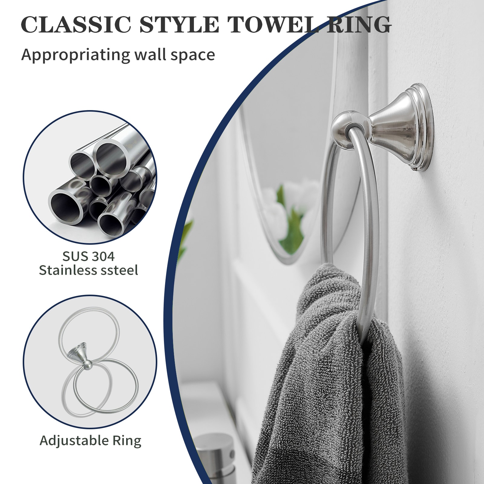 Juego de 5 piezas de herrajes decorativos para baño en níquel cepillado incluye barra de toallas, portarrollos de papel, anillo de toallas y gancho para batas TBS005-5-N.
