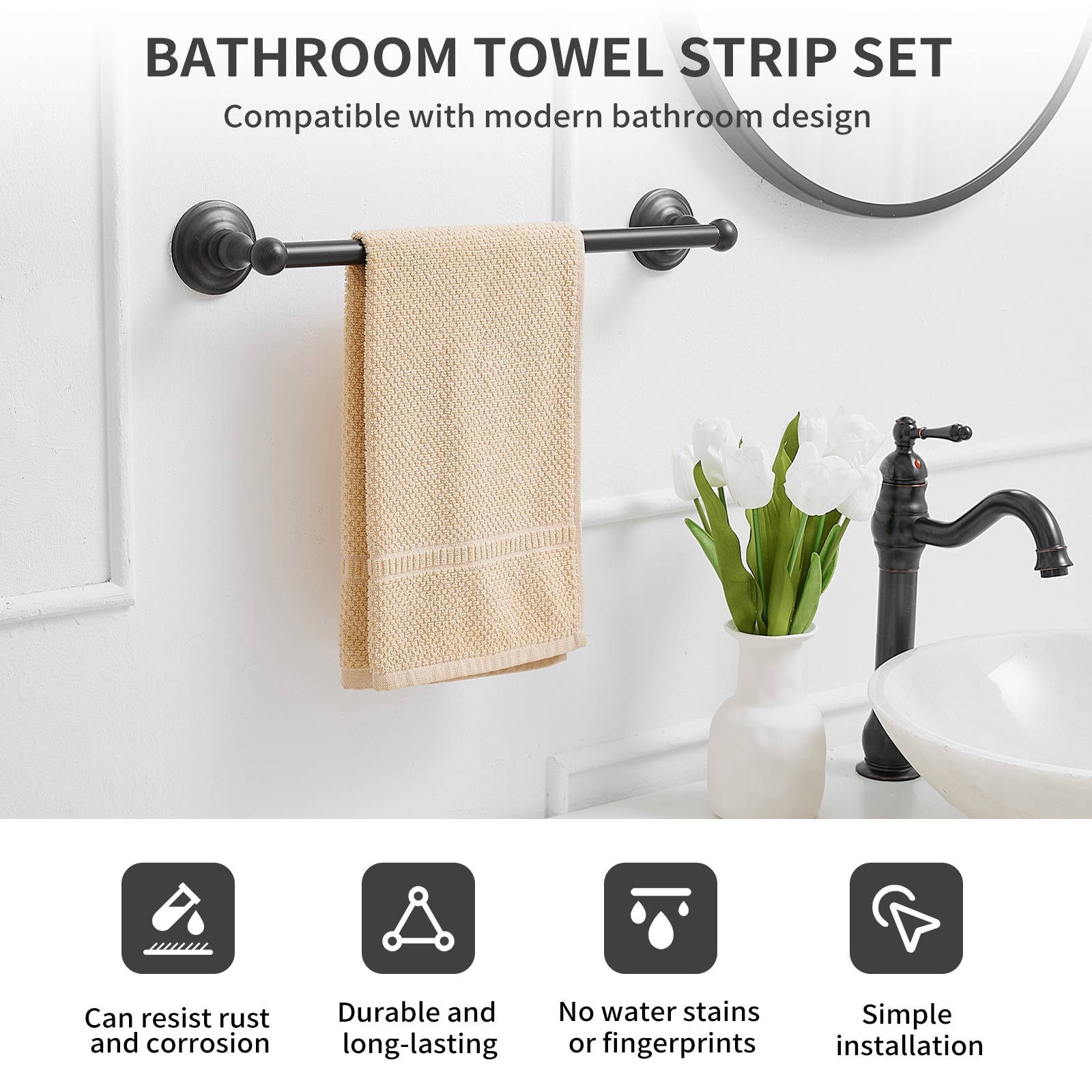 Juego de Accesorios de Baño Decorativos de Bronce Aceitado de 5 Piezas - Barra para Toallas, Porta Papel de Baño, Argolla para Toallas y Gancho para Batas incluido (TBS001-5-ORB)