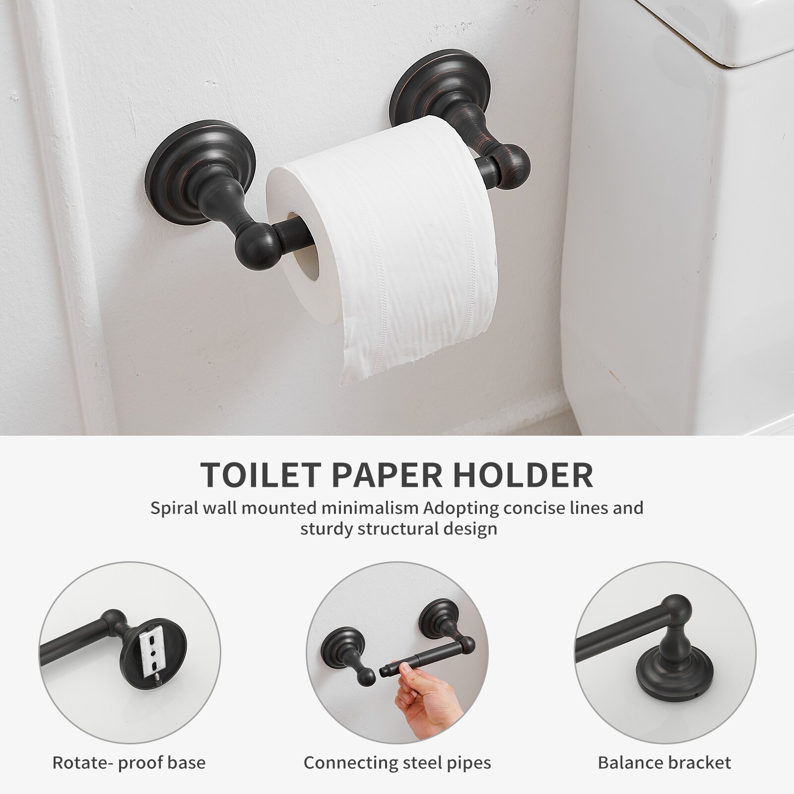 Juego de Accesorios de Baño Decorativos de Bronce Aceitado de 5 Piezas - Barra para Toallas, Porta Papel de Baño, Argolla para Toallas y Gancho para Batas incluido (TBS001-5-ORB)