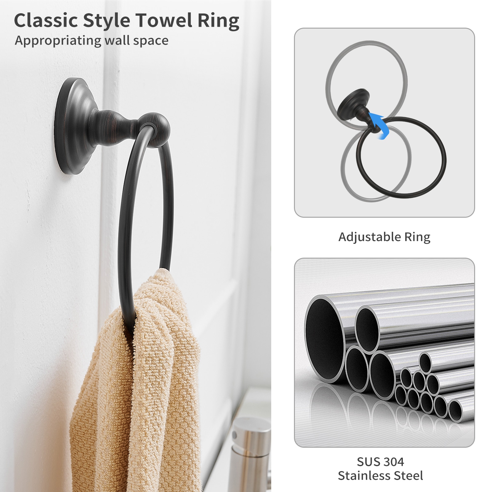 Juego de Accesorios de Baño Decorativos de Bronce Aceitado de 5 Piezas - Barra para Toallas, Porta Papel de Baño, Argolla para Toallas y Gancho para Batas incluido (TBS001-5-ORB)
