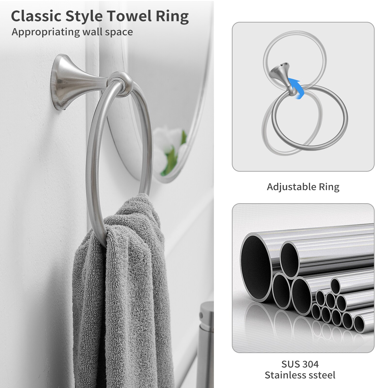Juego de accesorios de baño decorativos de níquel cepillado de 4 piezas BWE que incluye barra de toalla, porta papel higiénico, argolla de toalla y gancho para batas TBS001-4-N