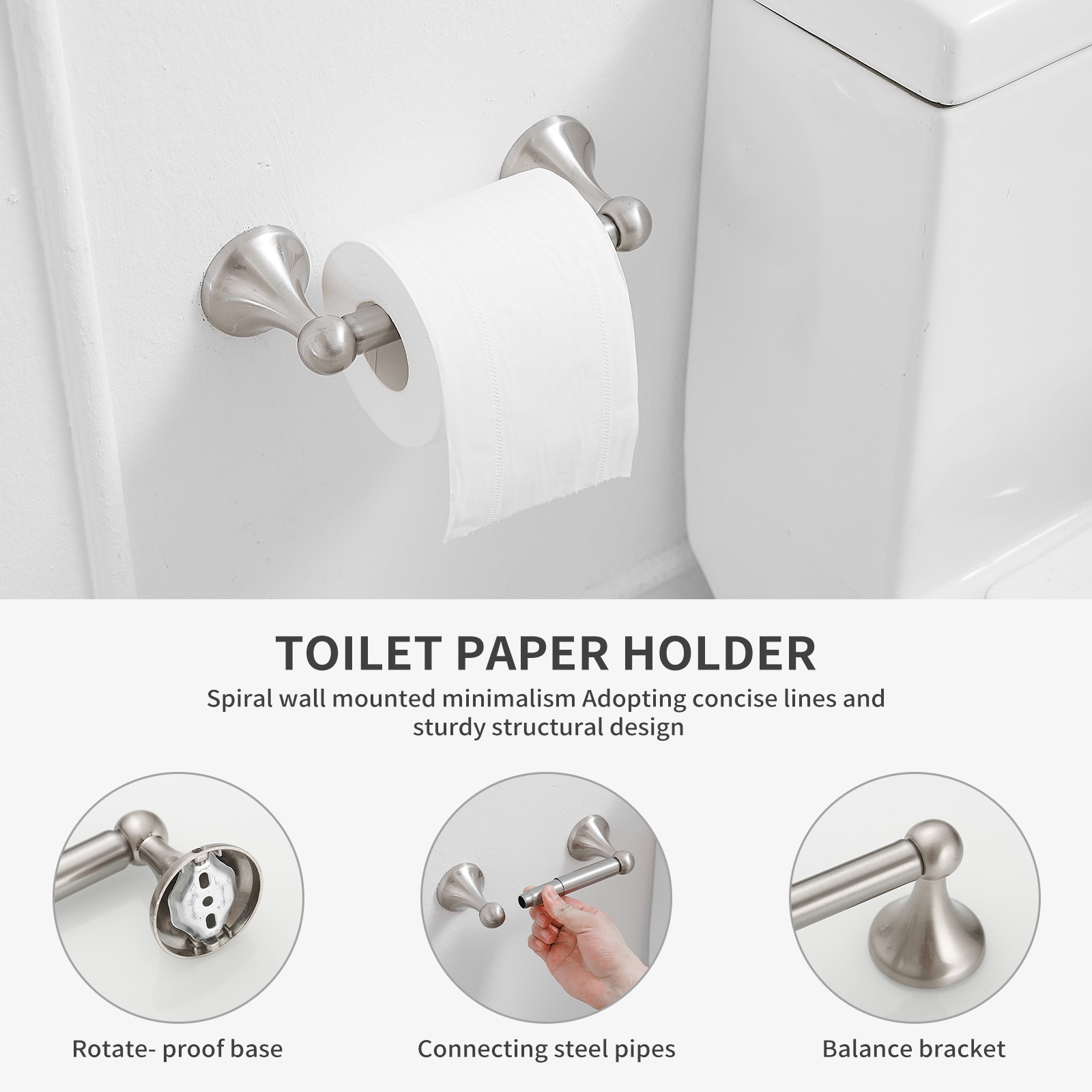 Juego de accesorios de baño decorativos de níquel cepillado de 4 piezas BWE que incluye barra de toalla, porta papel higiénico, argolla de toalla y gancho para batas TBS001-4-N