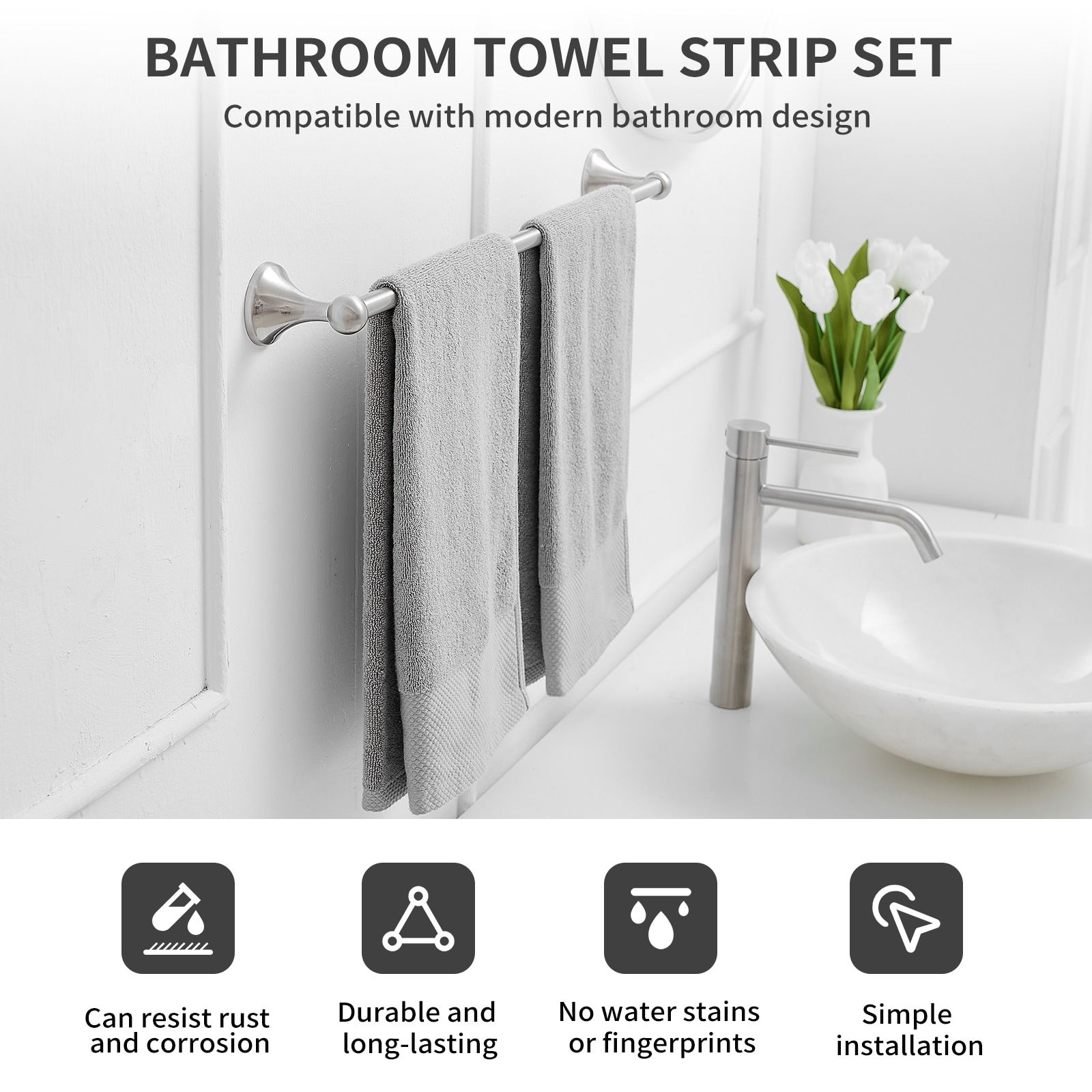 Juego de accesorios de baño decorativos de níquel cepillado de 4 piezas BWE que incluye barra de toalla, porta papel higiénico, argolla de toalla y gancho para batas TBS001-4-N