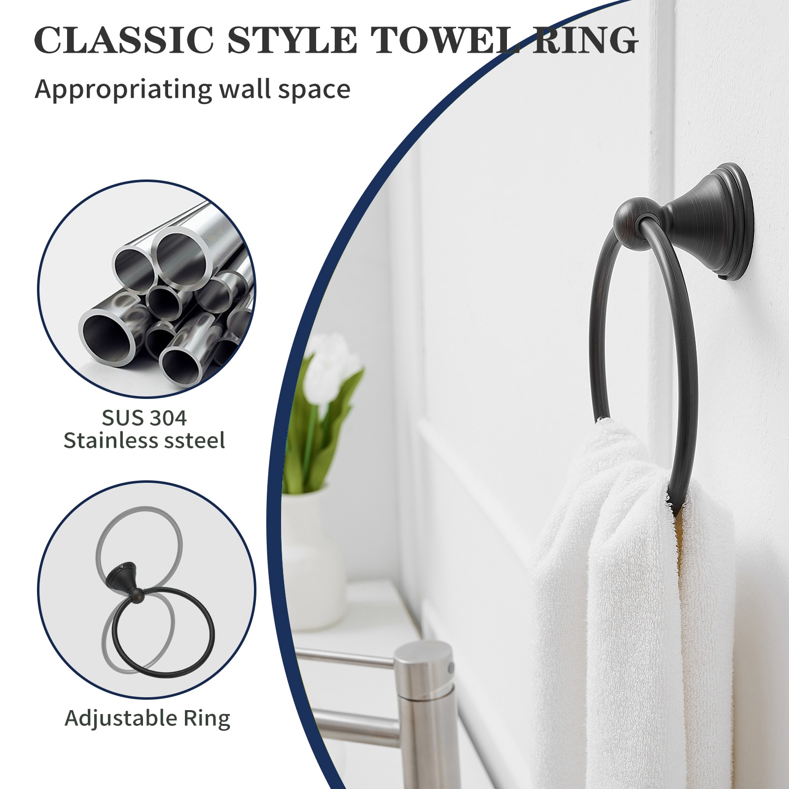 Juego de Accesorios de Baño Decorativos de Bronce Envejecido de 5 Piezas - Barra de Toallas, Porta Papel Higiénico, Argolla de Toalla, Gancho para Batas Incluido Modelo TBS005-5-ORB