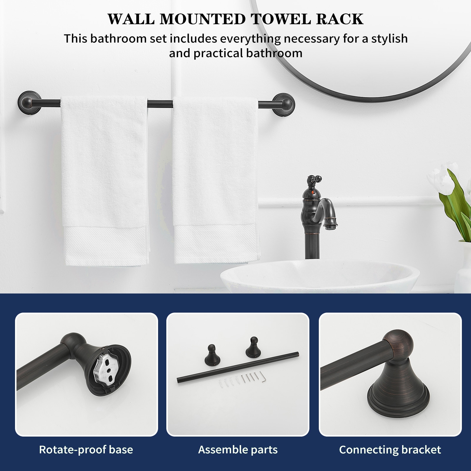 Juego de Accesorios de Baño Decorativos de Bronce Envejecido de 5 Piezas - Barra de Toallas, Porta Papel Higiénico, Argolla de Toalla, Gancho para Batas Incluido Modelo TBS005-5-ORB